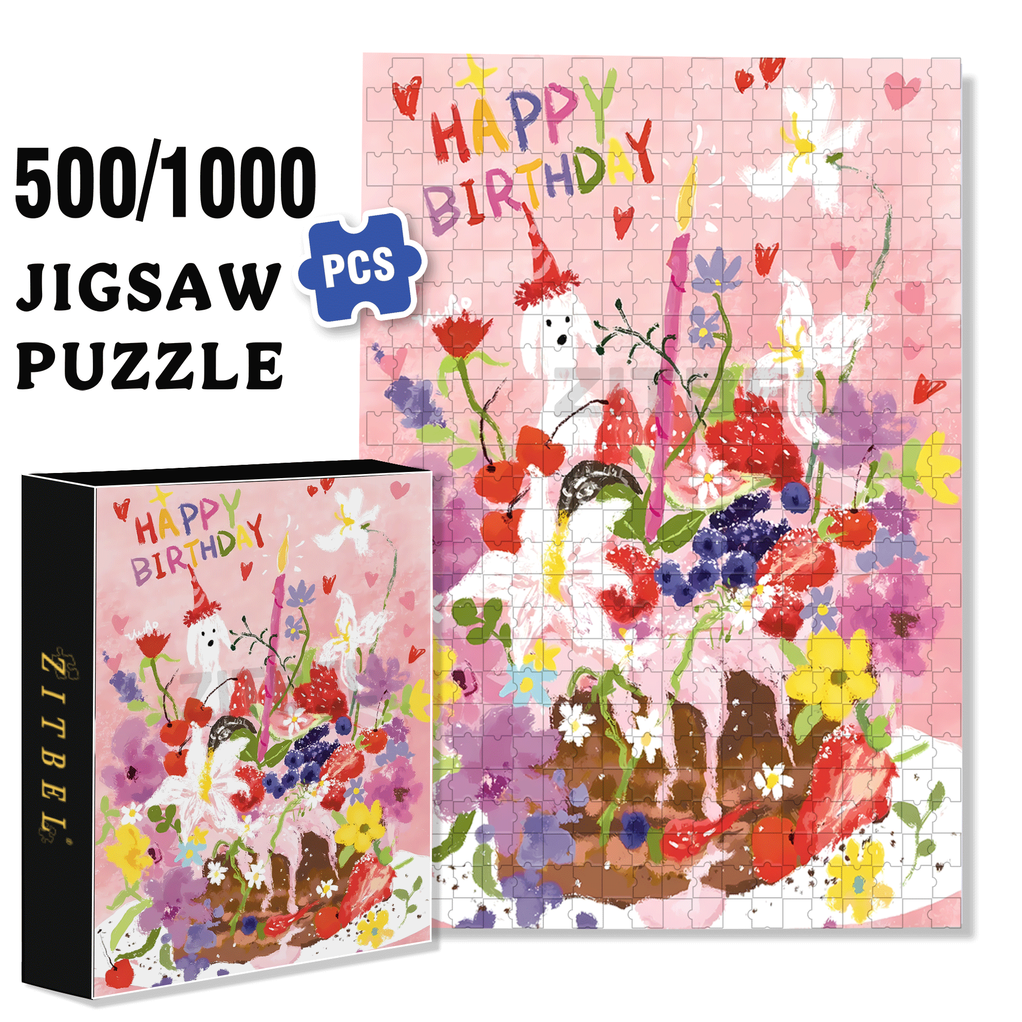 Romantic Flower Cake 500pcs/1000pcs Jigsaw Puzzle, Scratch-Resistant, Interactive Family Game & Brain-Boosting DIY Decor, Perfect for Halloween, Christmas & New Year Gifts, Family Puzzle Game
