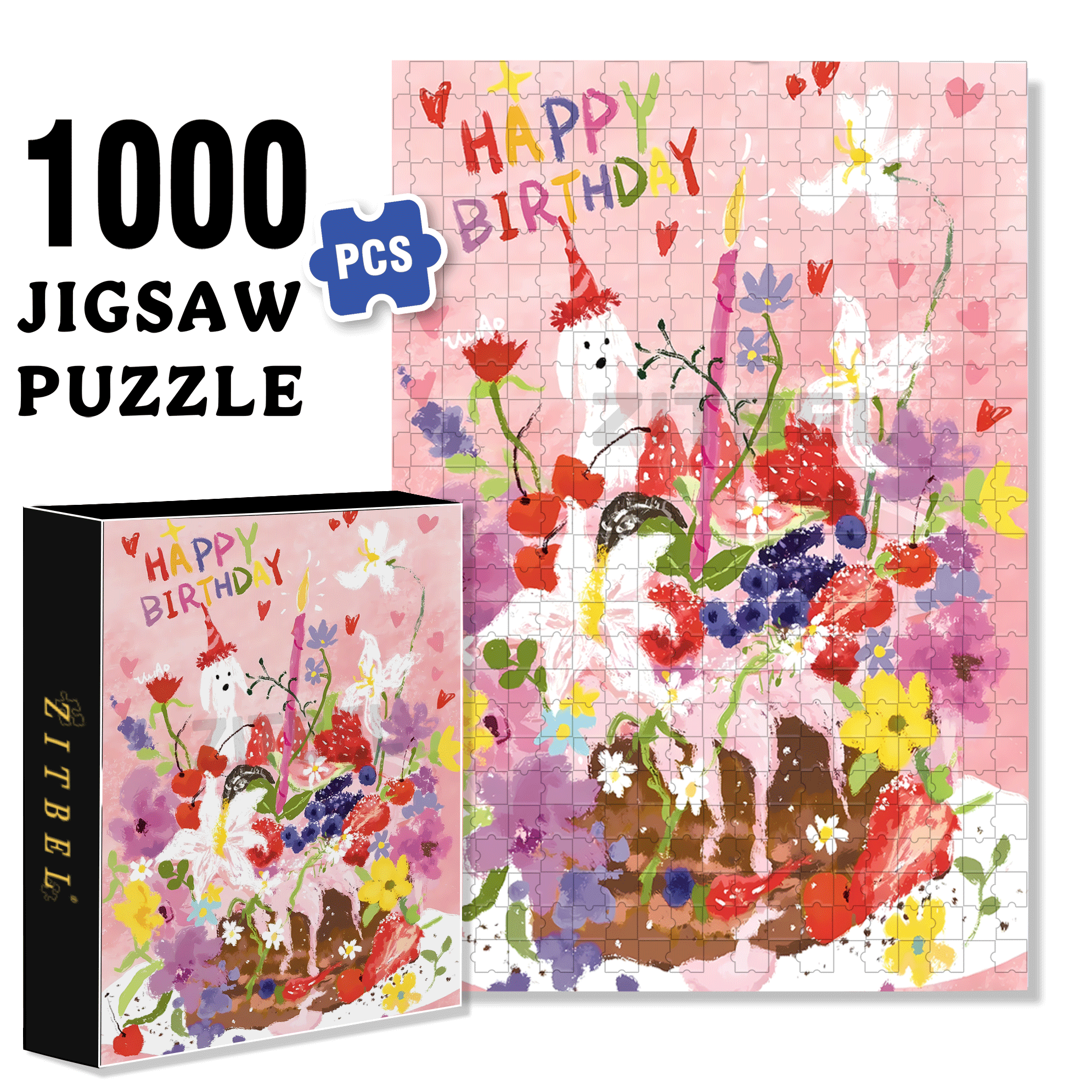 Romantic Flower Cake 500pcs/1000pcs Jigsaw Puzzle, Scratch-Resistant, Interactive Family Game & Brain-Boosting DIY Decor, Perfect for Halloween, Christmas & New Year Gifts, Family Puzzle Game