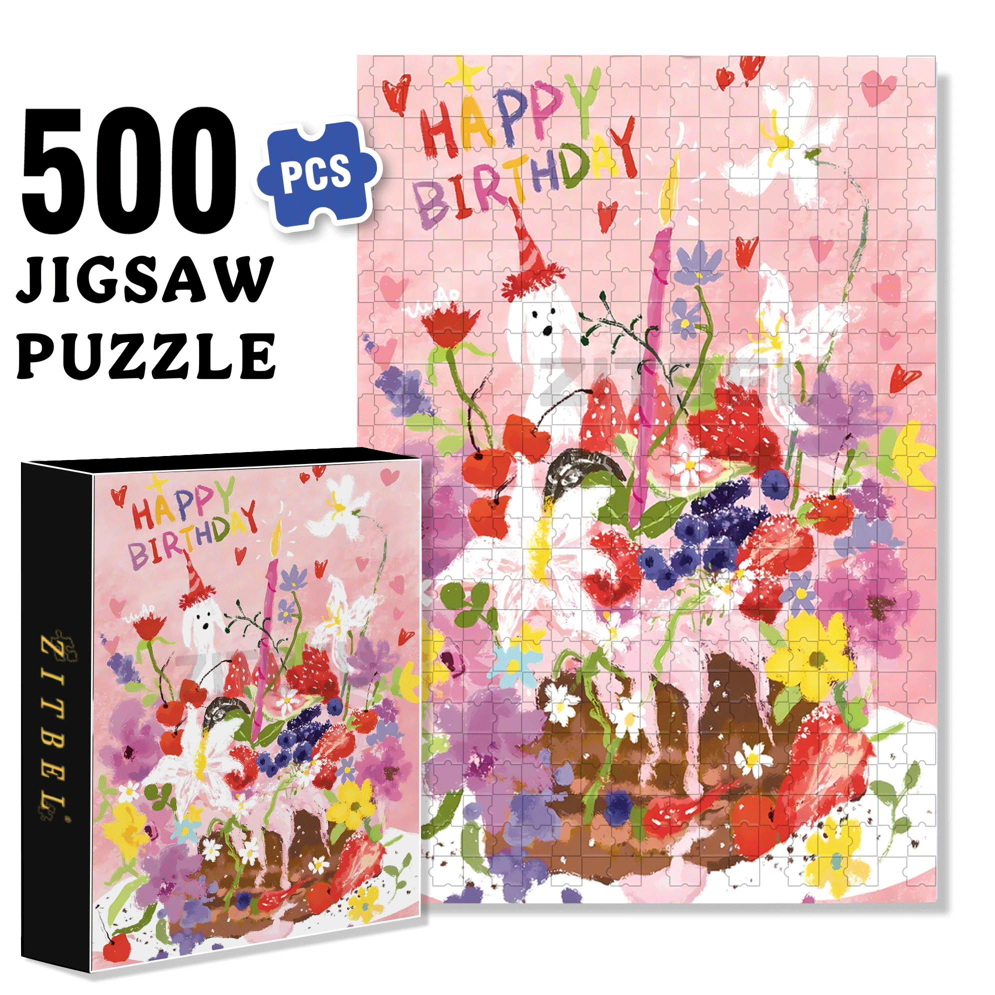 Romantic Flower Cake 500pcs/1000pcs Jigsaw Puzzle, Scratch-Resistant, Interactive Family Game & Brain-Boosting DIY Decor, Perfect for Halloween, Christmas & New Year Gifts, Family Puzzle Game