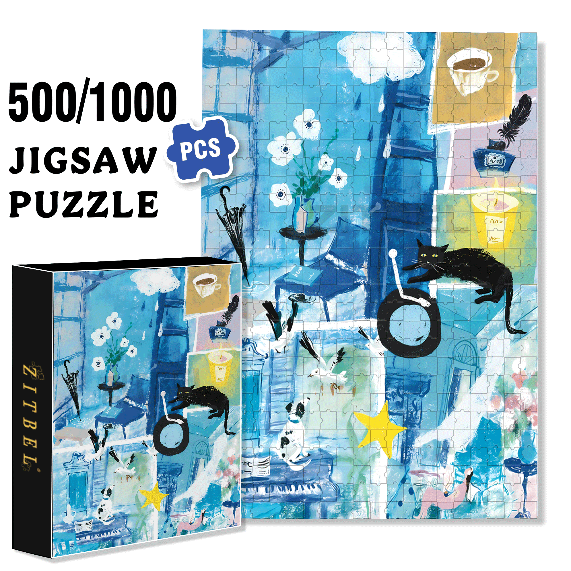 Saipan's Blue 500pcs/1000pcs Jigsaw Puzzle, Scratch-Resistant, Interactive Family Game & Brain-Boosting DIY Decor, Perfect for Halloween, Christmas & New Year Gifts, Family Puzzle Game