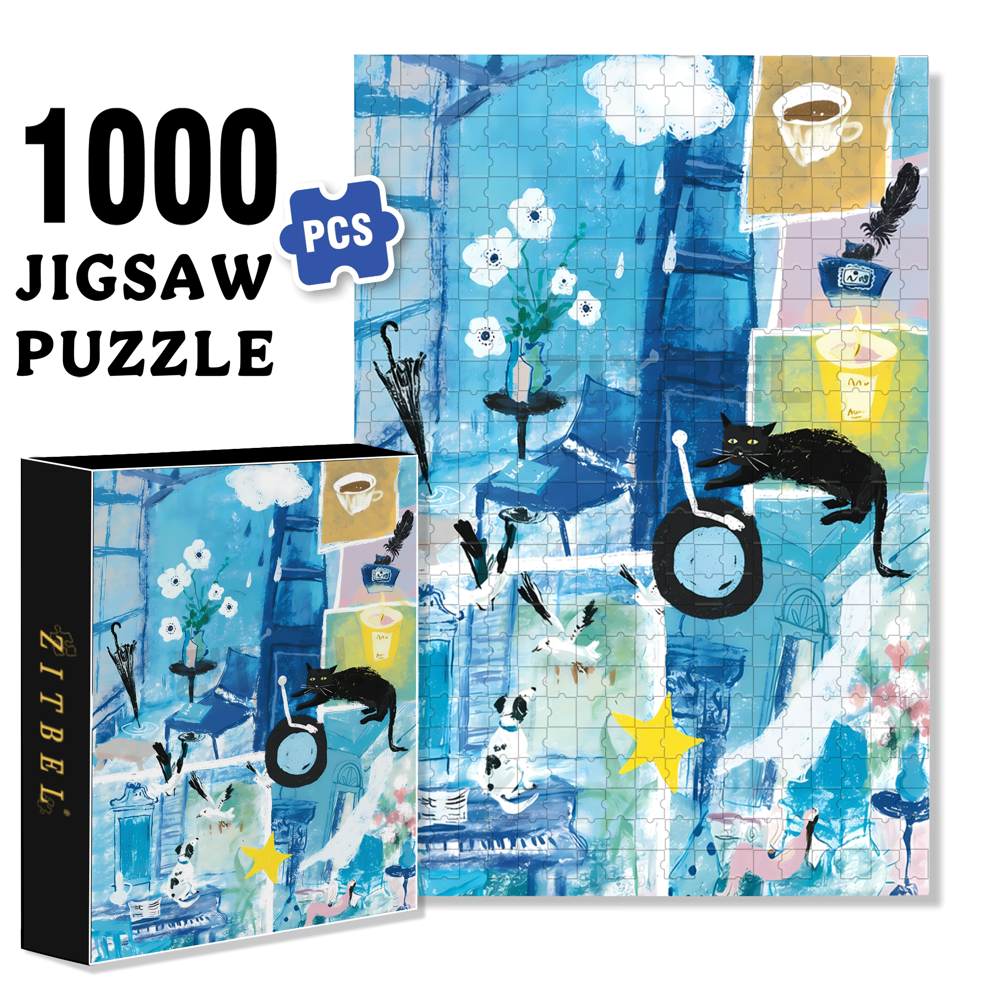 Saipan's Blue 500pcs/1000pcs Jigsaw Puzzle, Scratch-Resistant, Interactive Family Game & Brain-Boosting DIY Decor, Perfect for Halloween, Christmas & New Year Gifts, Family Puzzle Game