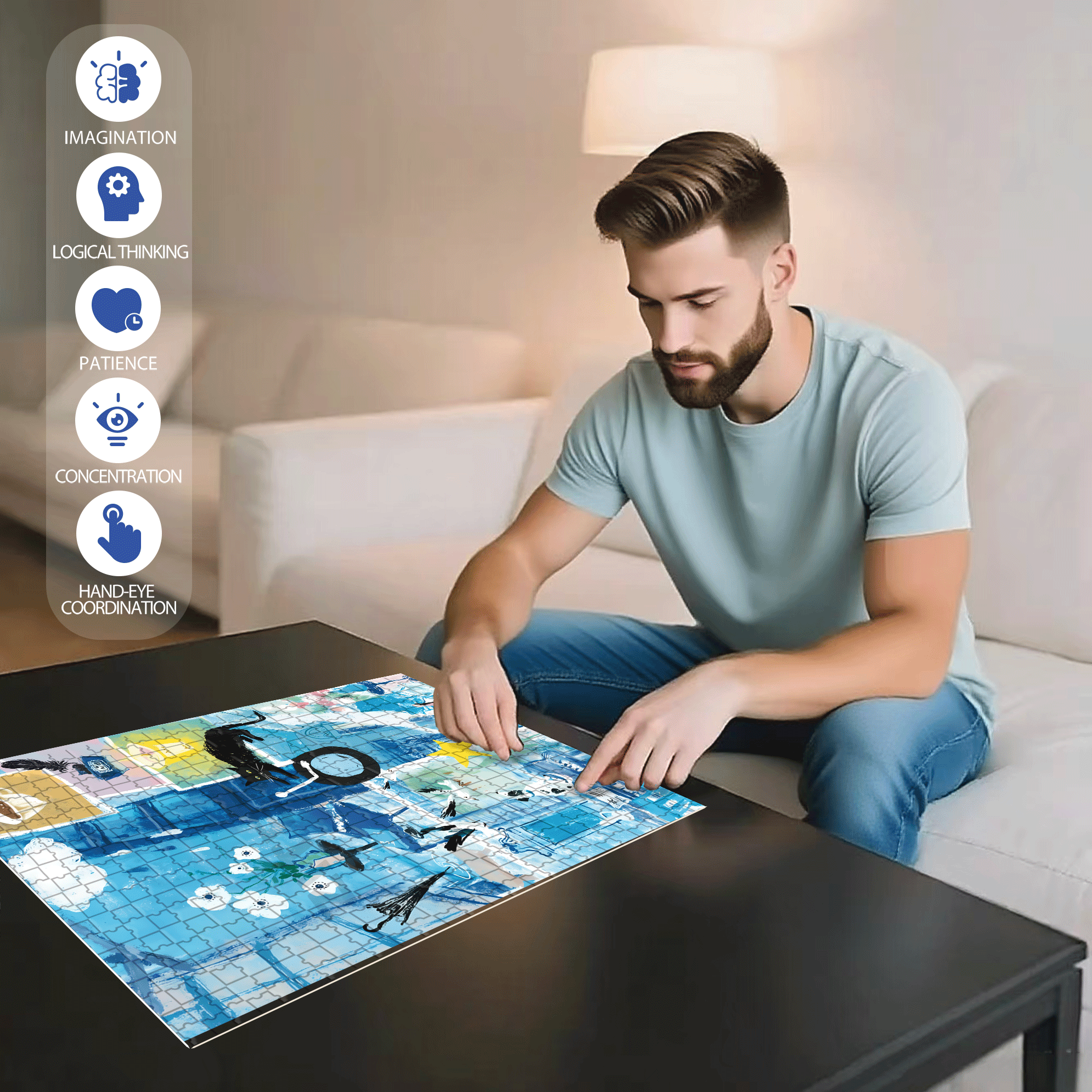 Saipan's Blue 500pcs/1000pcs Jigsaw Puzzle, Scratch-Resistant, Interactive Family Game & Brain-Boosting DIY Decor, Perfect for Halloween, Christmas & New Year Gifts, Family Puzzle Game