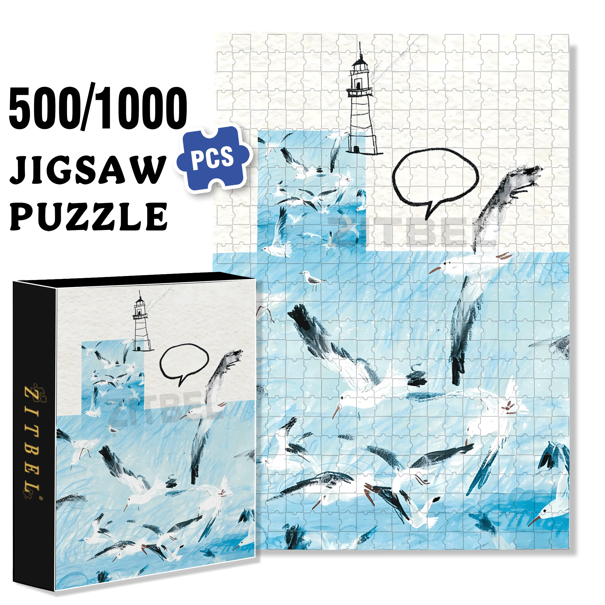 Seabirds and Blue 2 500pcs/1000pcs Jigsaw Puzzle, Scratch-Resistant, Interactive Family Game & Brain-Boosting DIY Decor, Perfect for Halloween, Christmas & New Year Gifts, Family Puzzle Game