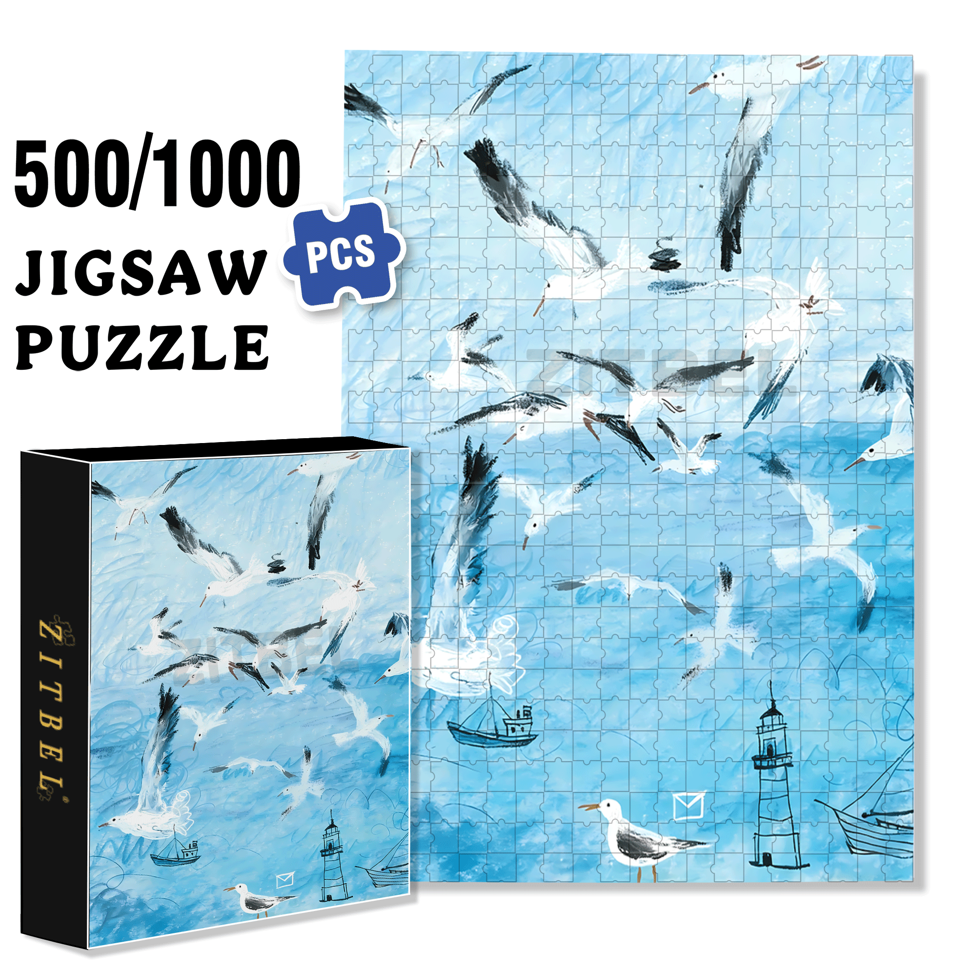 Seabirds and Blue 500pcs/1000pcs Jigsaw Puzzle, Scratch-Resistant, Interactive Family Game & Brain-Boosting DIY Decor, Perfect for Halloween, Christmas & New Year Gifts, Family Puzzle Game