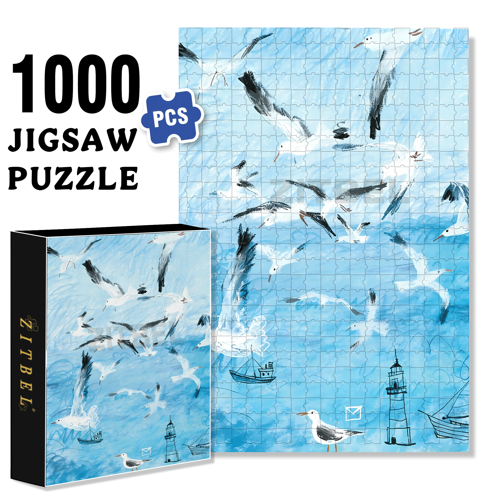 Seabirds and Blue 500pcs/1000pcs Jigsaw Puzzle, Scratch-Resistant, Interactive Family Game & Brain-Boosting DIY Decor, Perfect for Halloween, Christmas & New Year Gifts, Family Puzzle Game