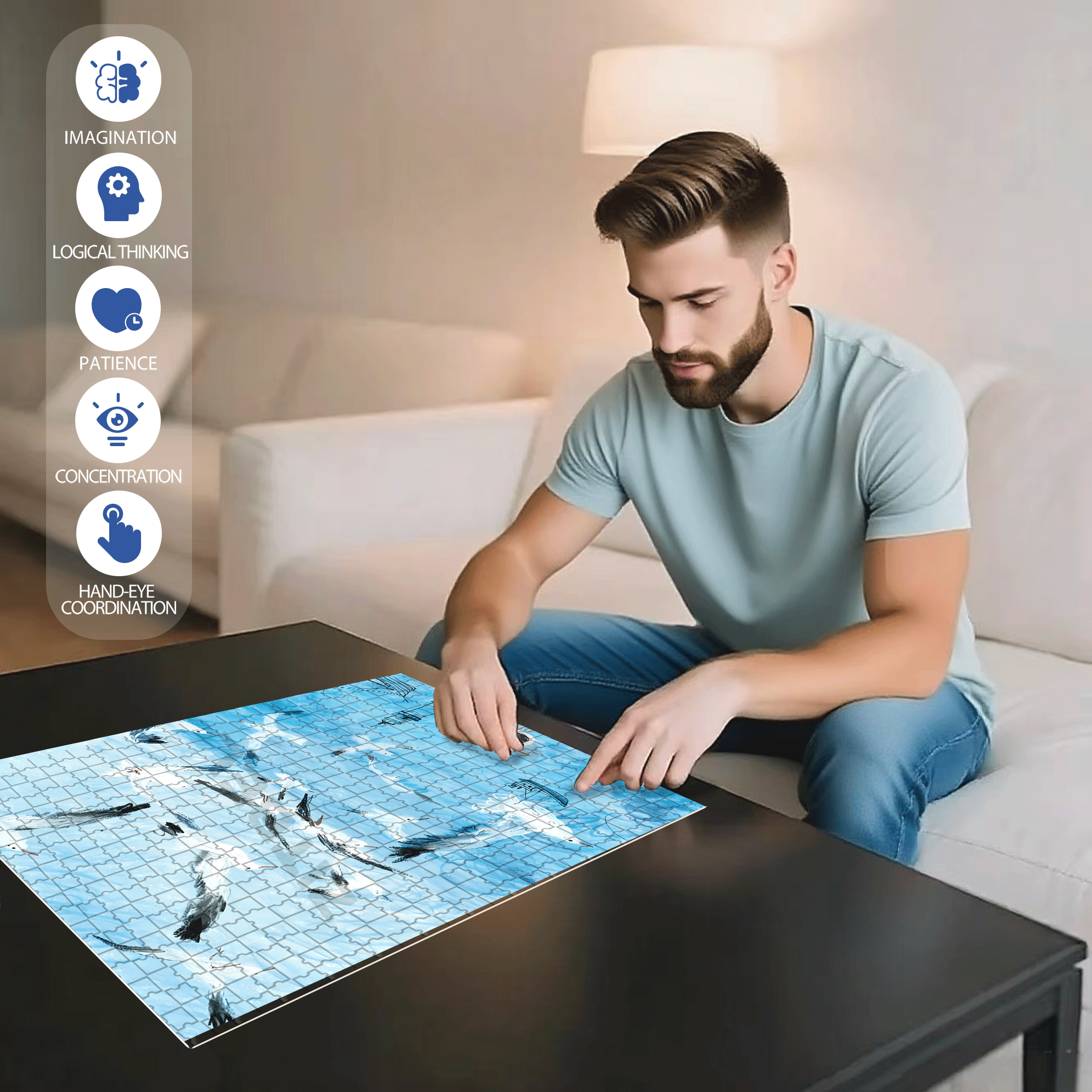 Seabirds and Blue 500pcs/1000pcs Jigsaw Puzzle, Scratch-Resistant, Interactive Family Game & Brain-Boosting DIY Decor, Perfect for Halloween, Christmas & New Year Gifts, Family Puzzle Game