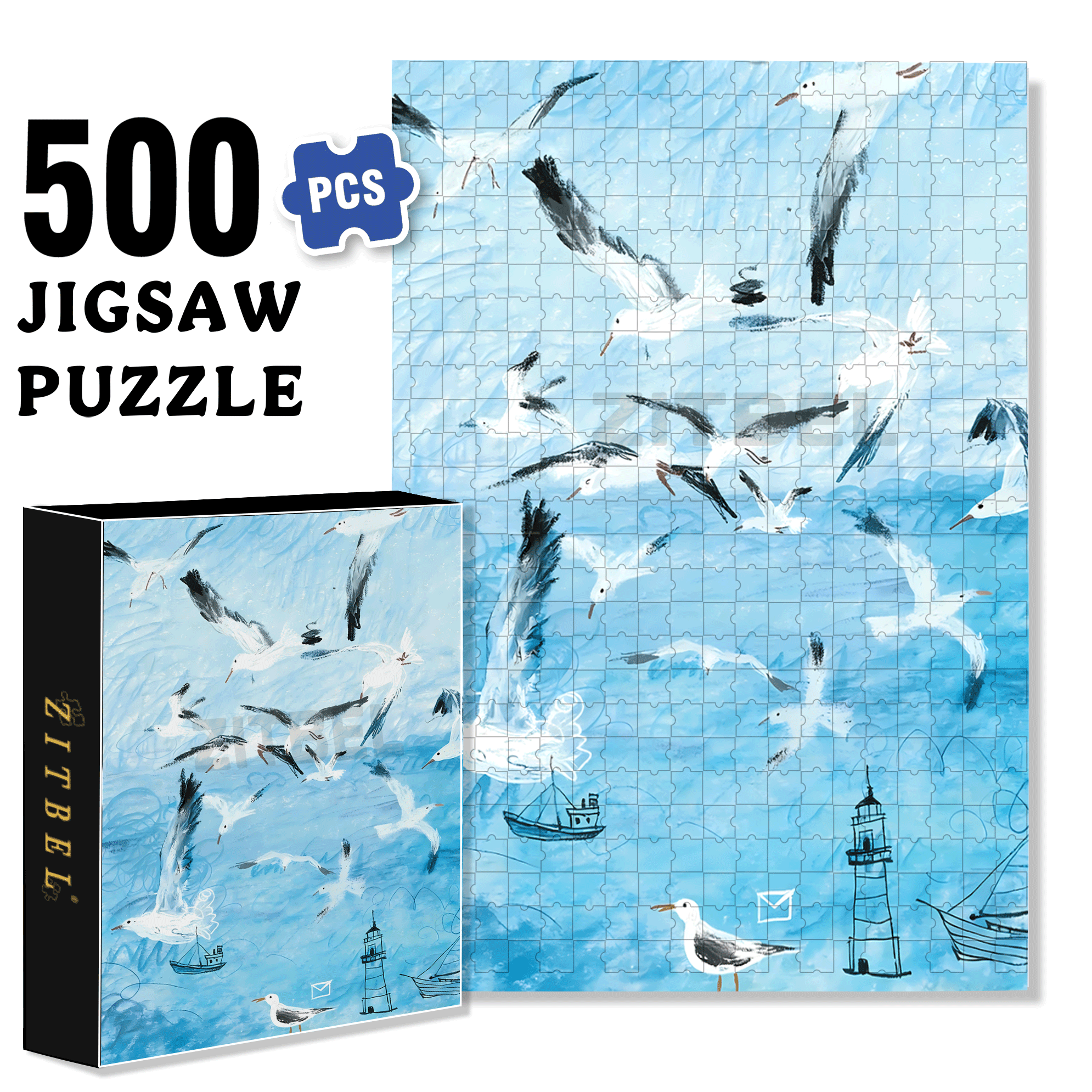 Seabirds and Blue 500pcs/1000pcs Jigsaw Puzzle, Scratch-Resistant, Interactive Family Game & Brain-Boosting DIY Decor, Perfect for Halloween, Christmas & New Year Gifts, Family Puzzle Game