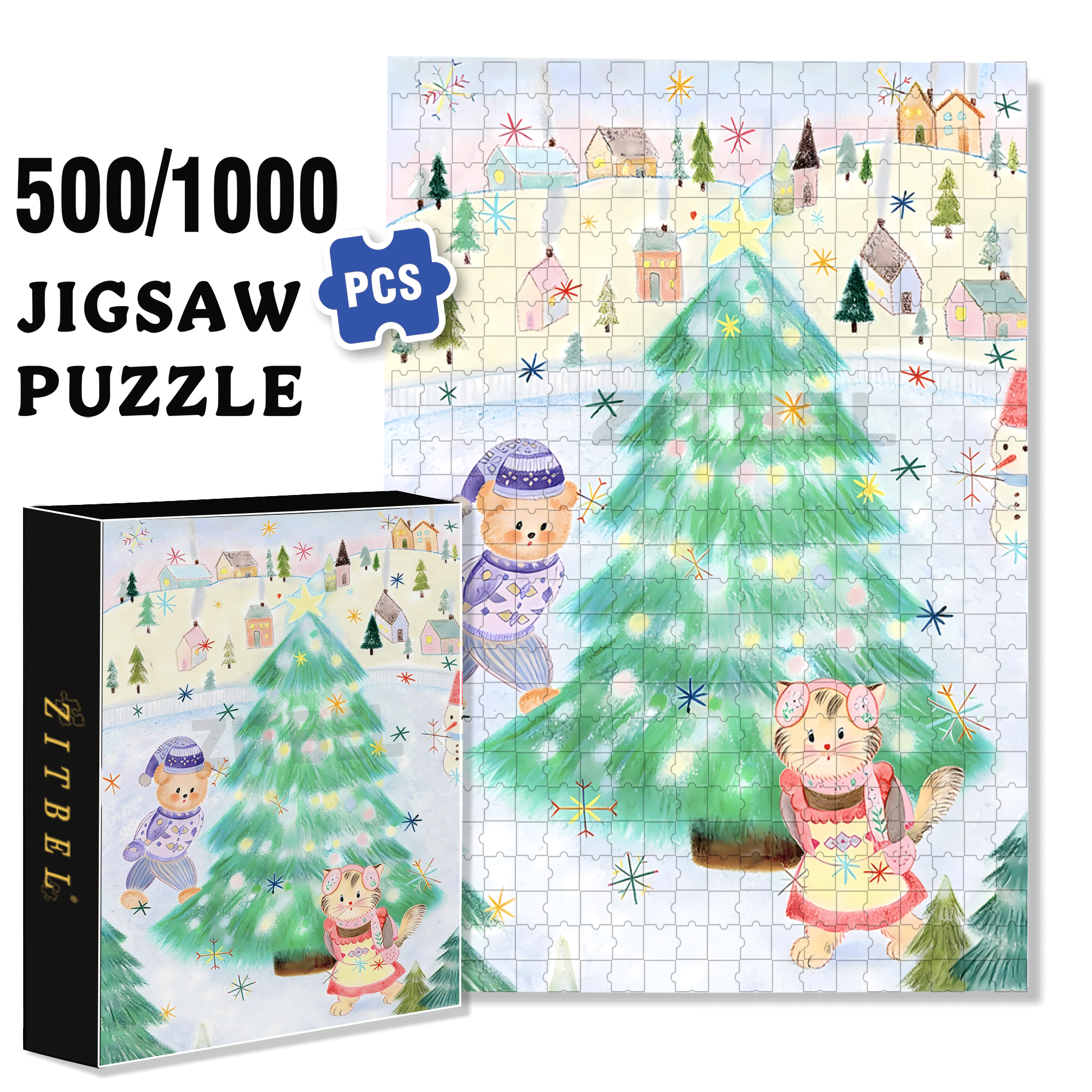 Snow Lantern Town 500pcs/1000pcs Jigsaw Puzzle, Scratch-Resistant, Interactive Family Game & Brain-Boosting DIY Decor, Perfect for Halloween, Christmas & New Year Gifts, Family Puzzle Game