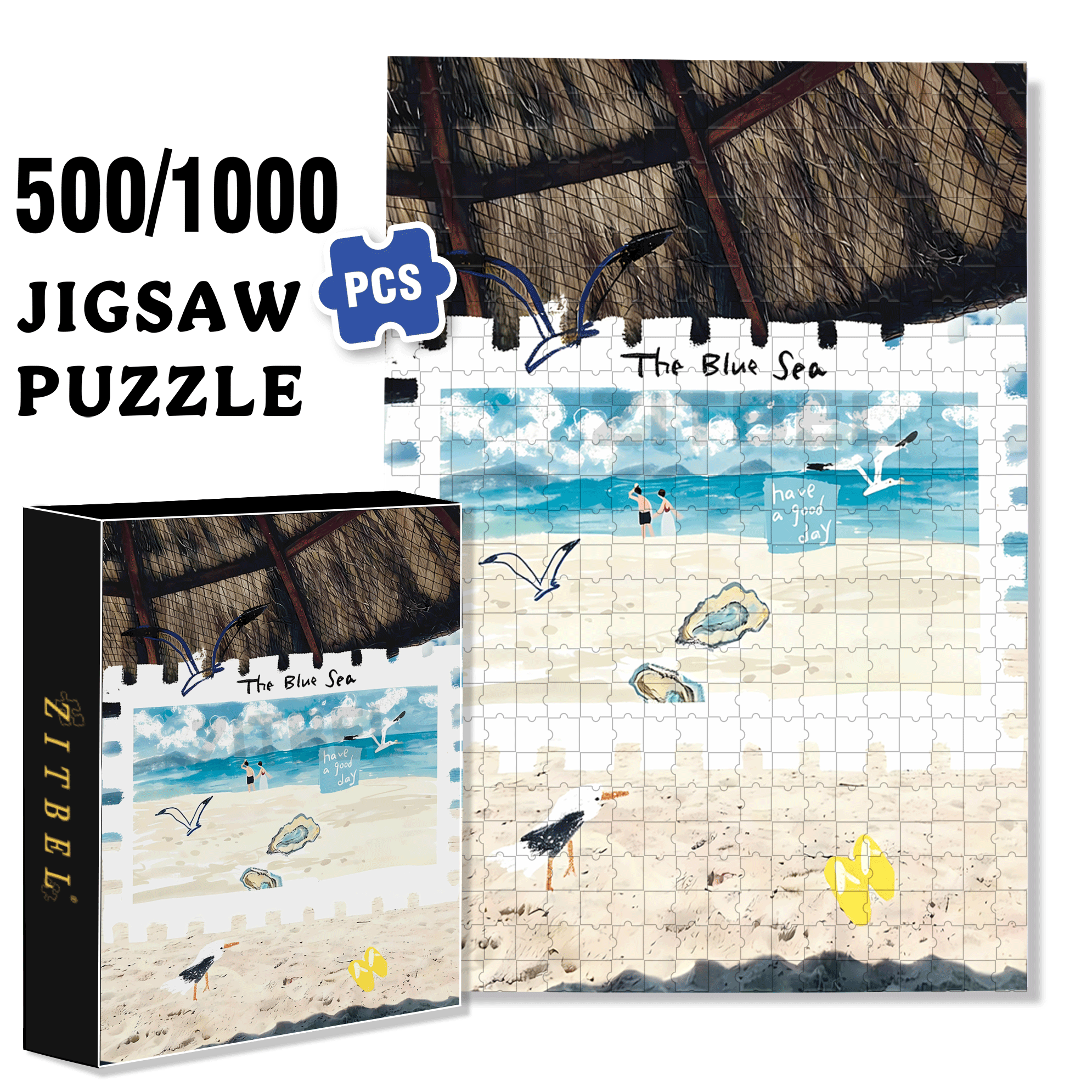 The Blue Sea 500pcs/1000pcs Jigsaw Puzzle, Scratch-Resistant, Interactive Family Game & Brain-Boosting DIY Decor, Perfect for Halloween, Christmas & New Year Gifts, Family Puzzle Game