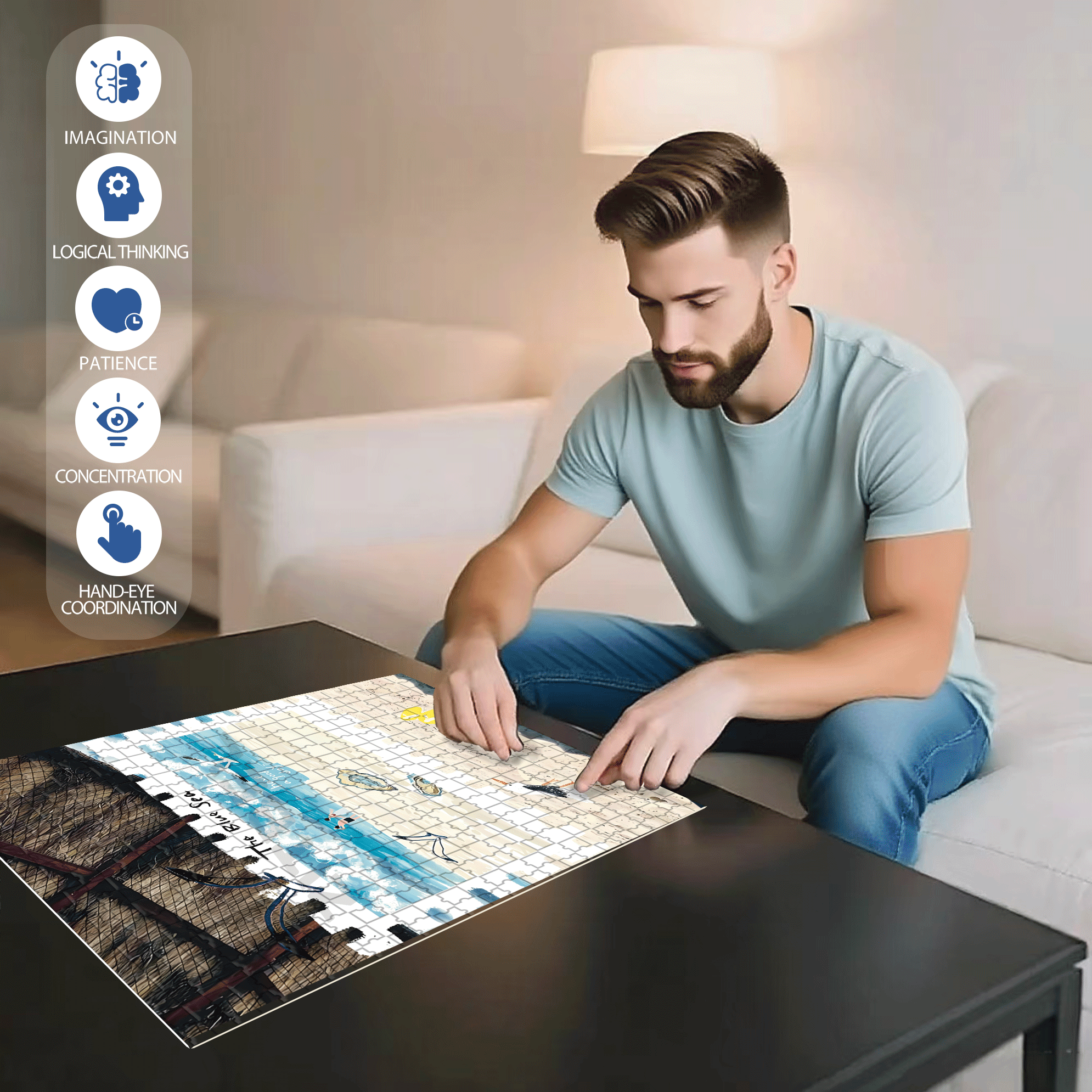 The Blue Sea 500pcs/1000pcs Jigsaw Puzzle, Scratch-Resistant, Interactive Family Game & Brain-Boosting DIY Decor, Perfect for Halloween, Christmas & New Year Gifts, Family Puzzle Game