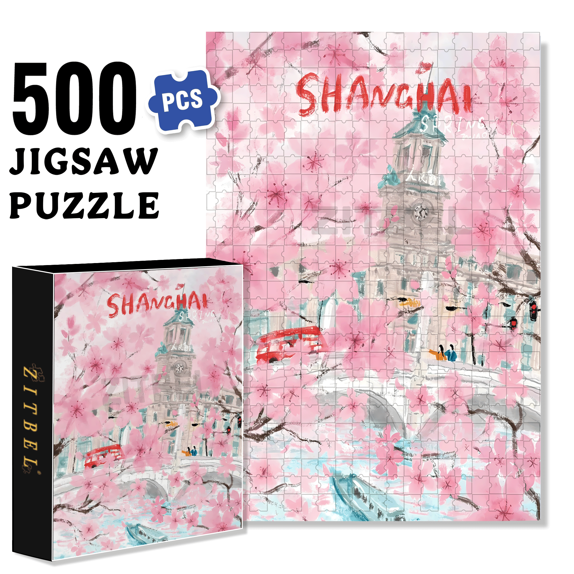 When Cherry Blossoms Are In Full Bloom 500pcs/1000pcs Jigsaw Puzzle, Scratch-Resistant, Interactive Family Game & Brain-Boosting DIY Decor, Perfect for Halloween, Christmas & New Year Gifts, Family Puzzle Game