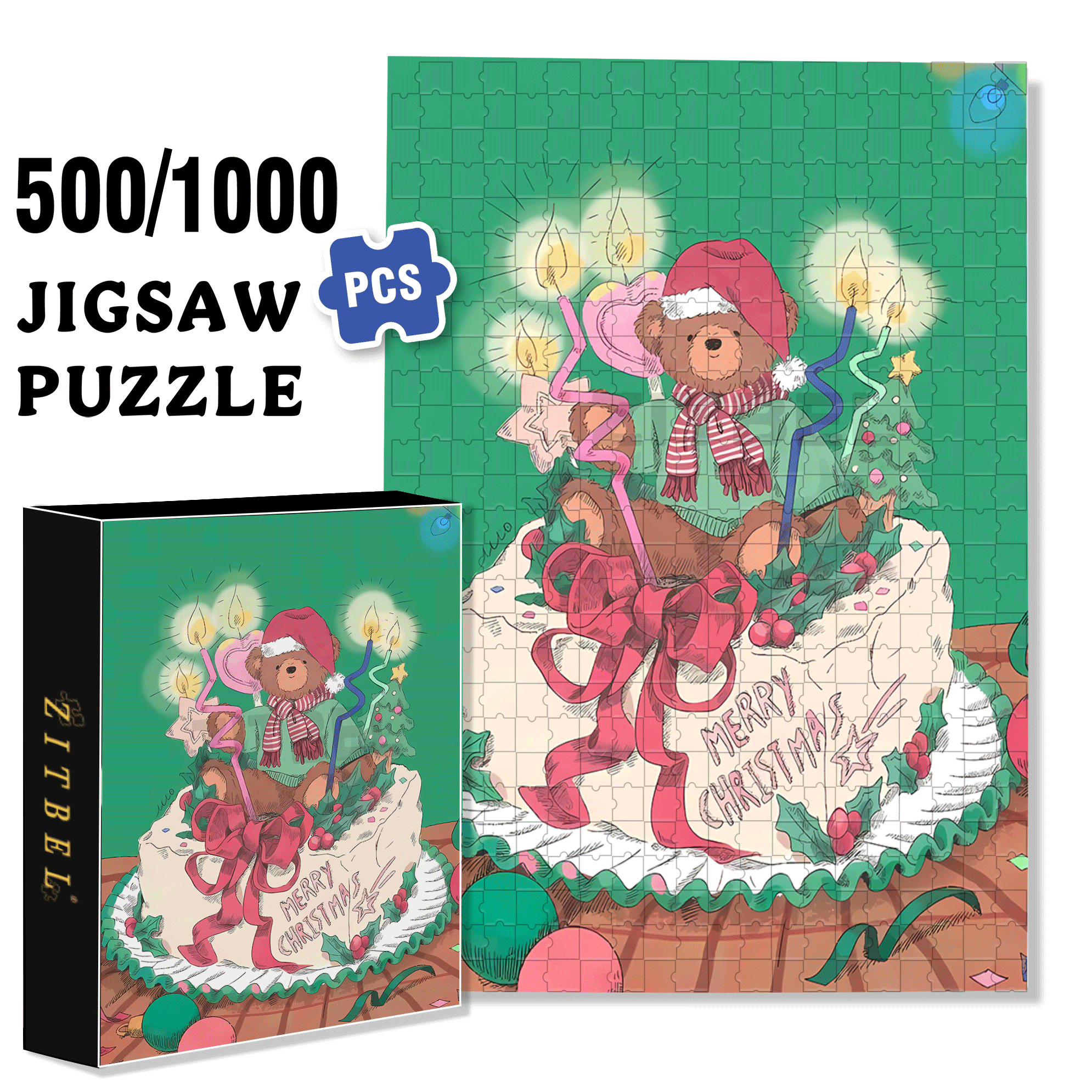 Christmas Bear Cake 500pcs/1000pcs Jigsaw Puzzle, Scratch-Resistant, Interactive Family Game & Brain-Boosting DIY Decor, Perfect for Halloween, Christmas & New Year Gifts, Family Puzzle Game