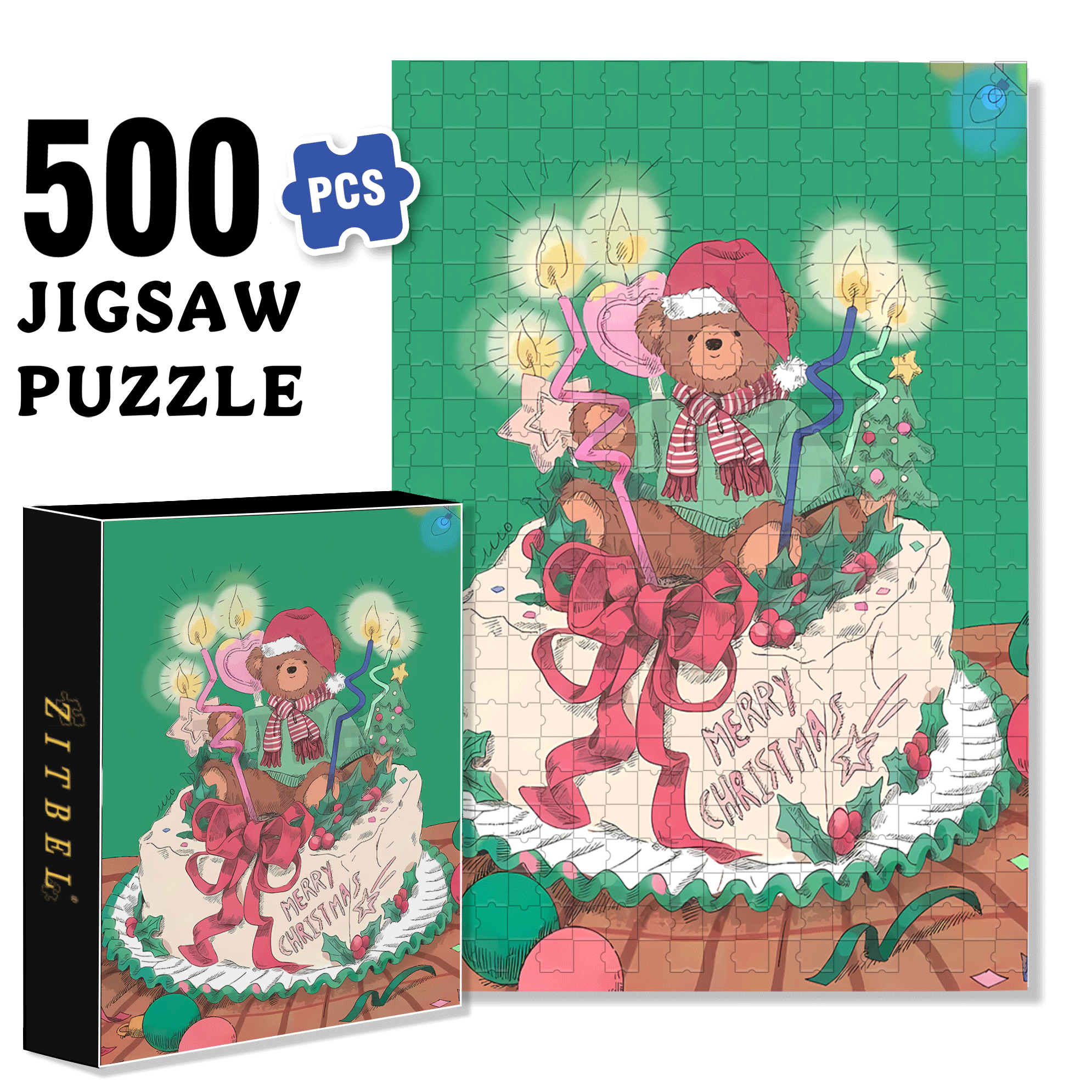 Christmas Bear Cake 500pcs/1000pcs Jigsaw Puzzle, Scratch-Resistant, Interactive Family Game & Brain-Boosting DIY Decor, Perfect for Halloween, Christmas & New Year Gifts, Family Puzzle Game