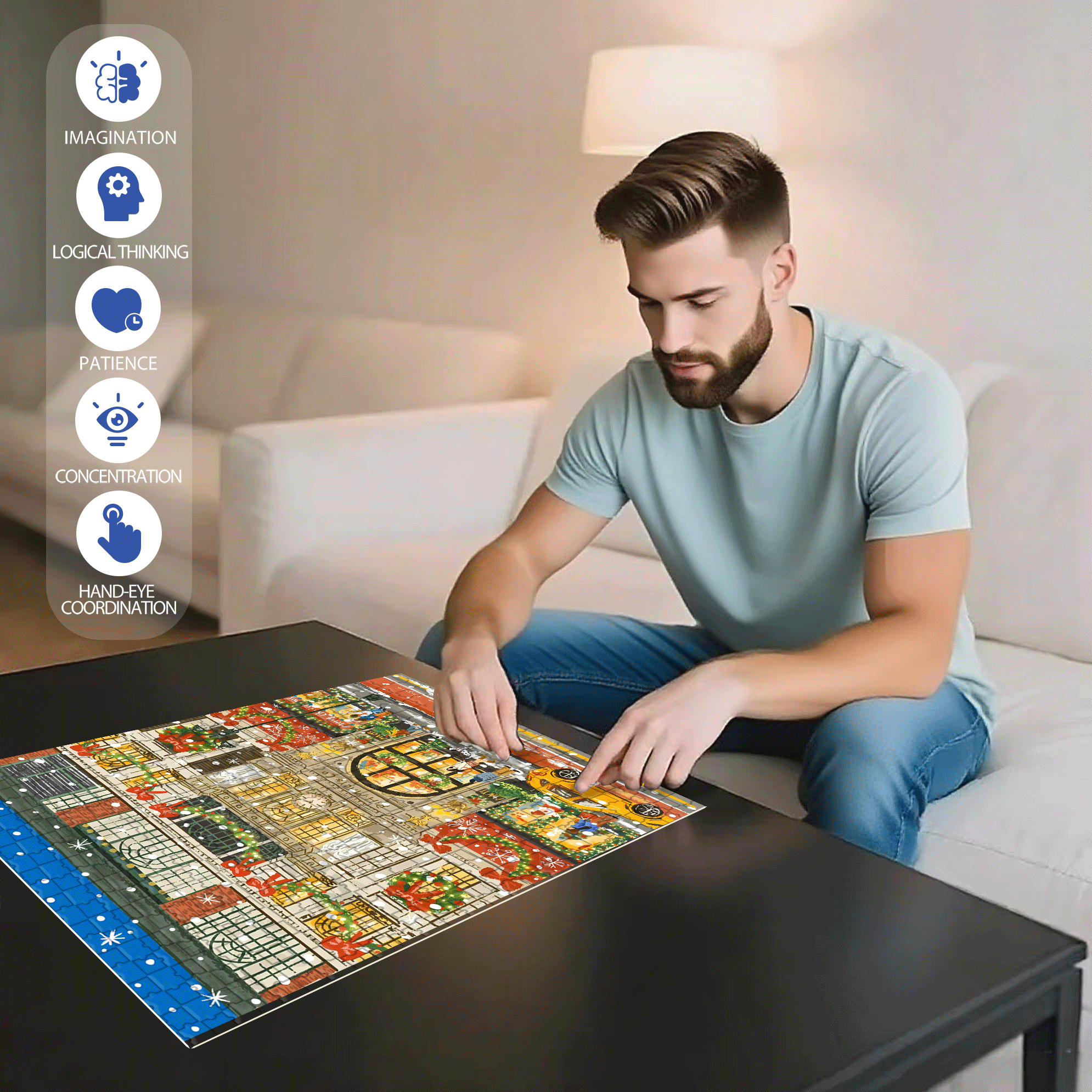 Christmas Lights Up 500pcs/1000pcs Jigsaw Puzzle, Scratch-Resistant, Interactive Family Game & Brain-Boosting DIY Decor, Perfect for Halloween, Christmas & New Year Gifts, Family Puzzle Game