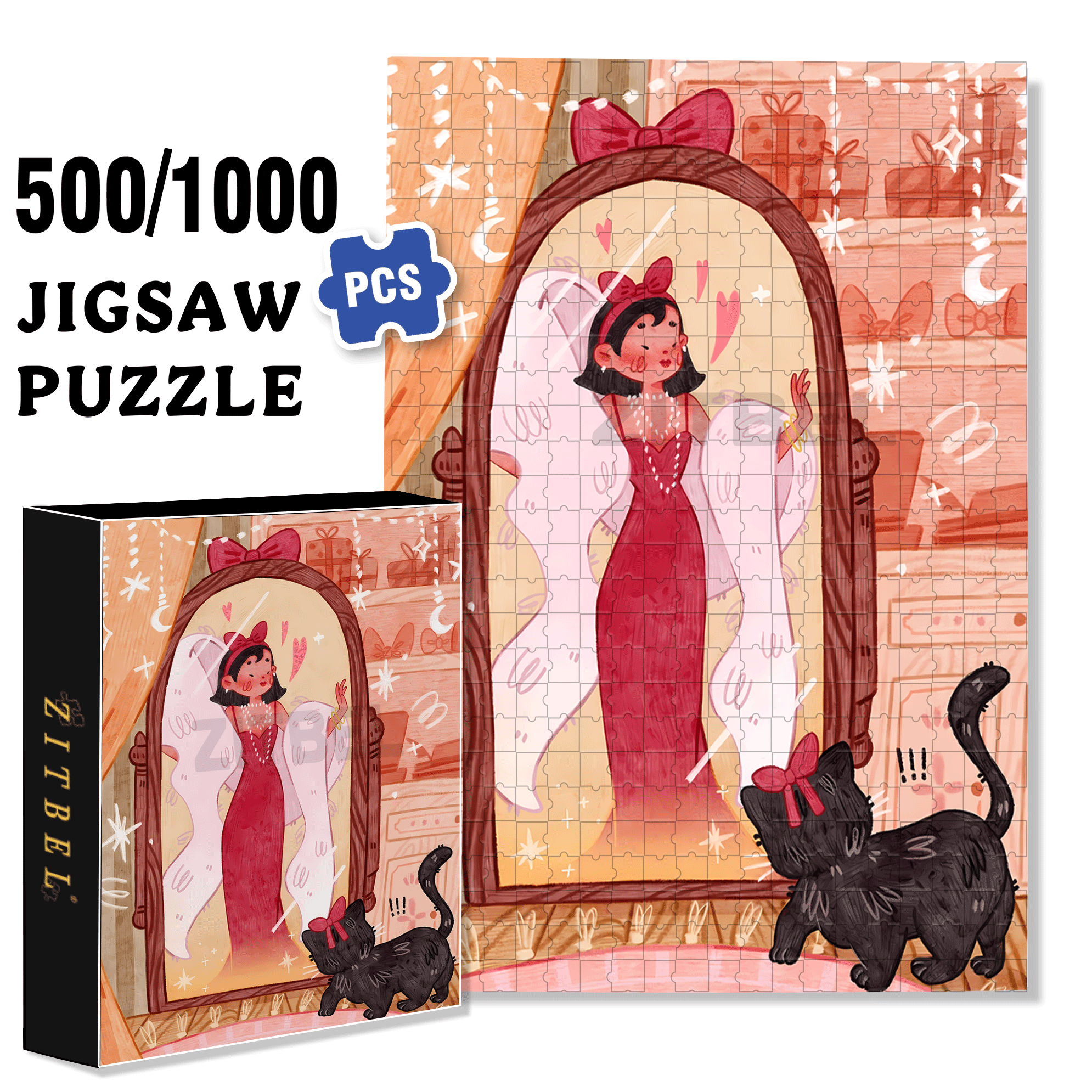 Look In The Mirror 500pcs/1000pcs Jigsaw Puzzle, Scratch-Resistant, Interactive Family Game & Brain-Boosting DIY Decor, Perfect for Halloween, Christmas & New Year Gifts, Family Puzzle Game