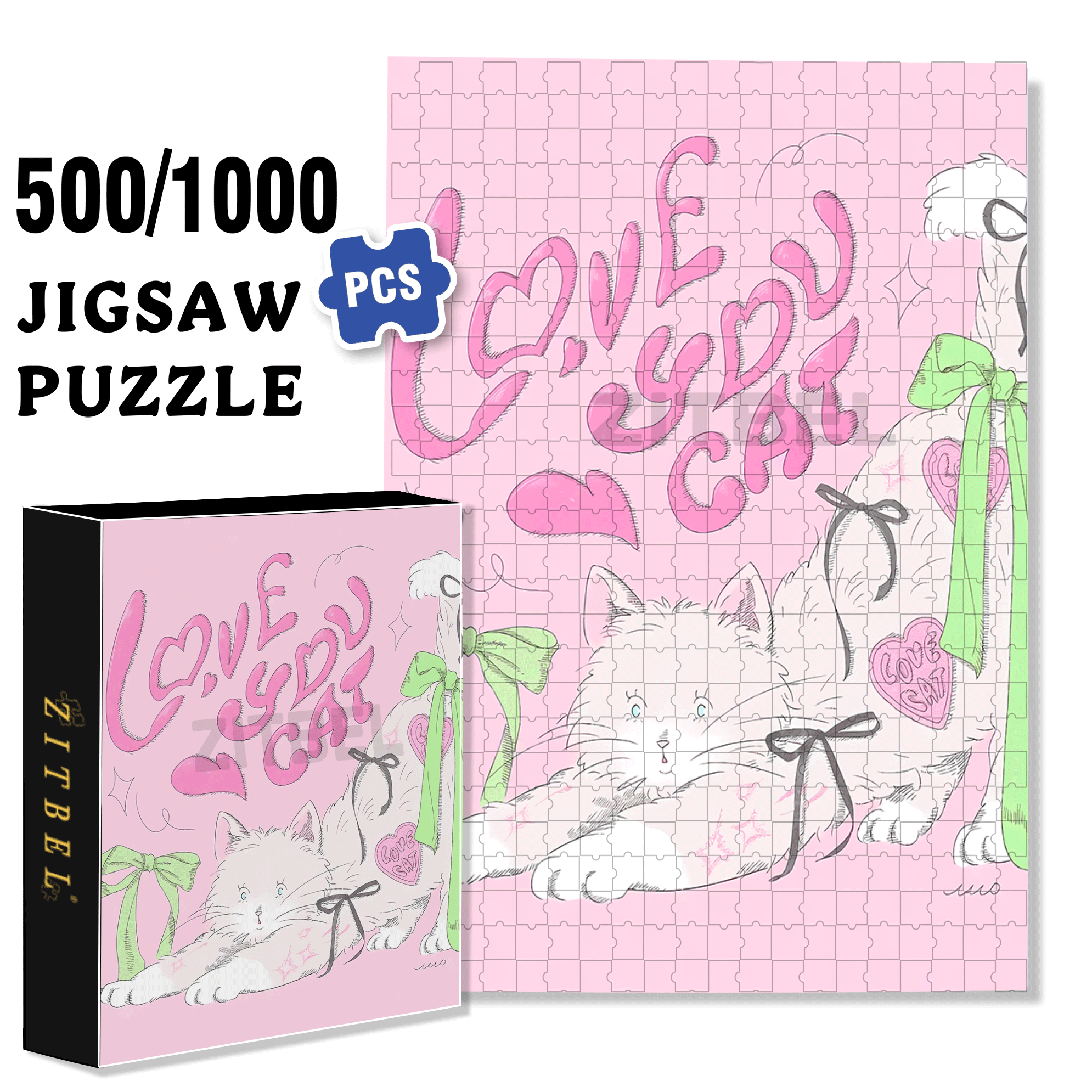 Love You Cat 500pcs/1000pcs Jigsaw Puzzle, Scratch-Resistant, Interactive Family Game & Brain-Boosting DIY Decor, Perfect for Halloween, Christmas & New Year Gifts, Family Puzzle Game