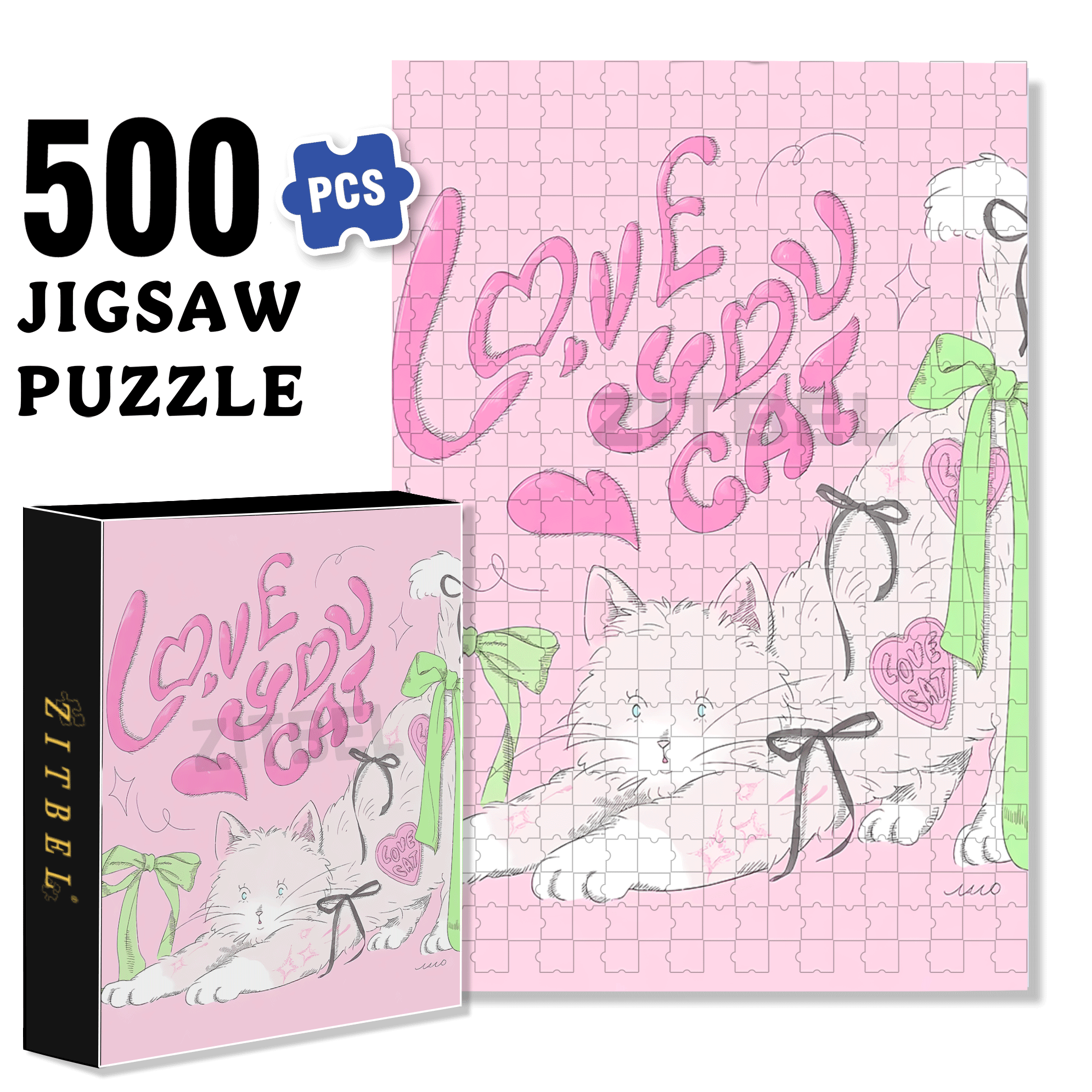 Love You Cat 500pcs/1000pcs Jigsaw Puzzle, Scratch-Resistant, Interactive Family Game & Brain-Boosting DIY Decor, Perfect for Halloween, Christmas & New Year Gifts, Family Puzzle Game