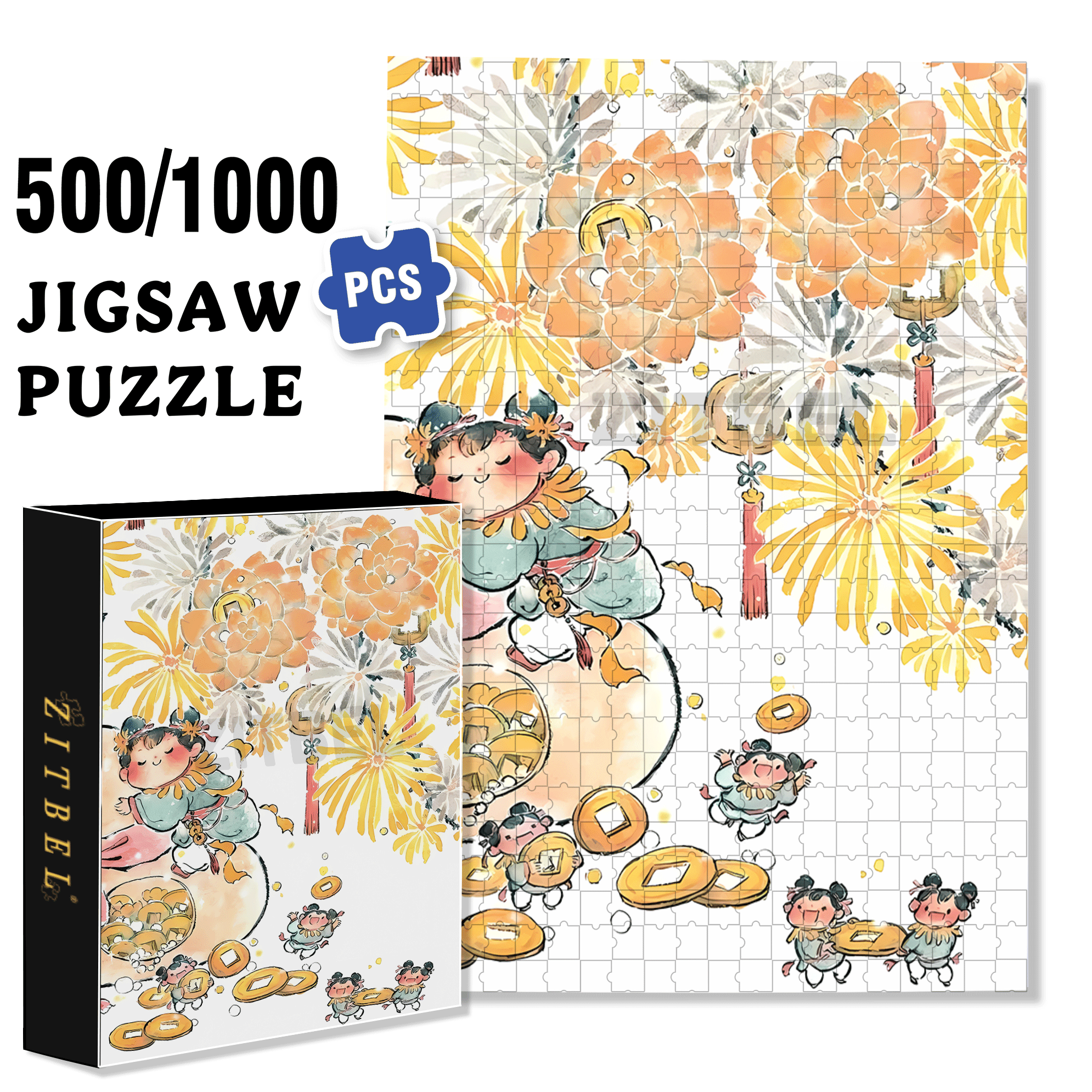 Luck In Making Money 500pcs/1000pcs Jigsaw Puzzle, Scratch-Resistant, Interactive Family Game & Brain-Boosting DIY Decor, Perfect for Halloween, Christmas & New Year Gifts, Family Puzzle Game