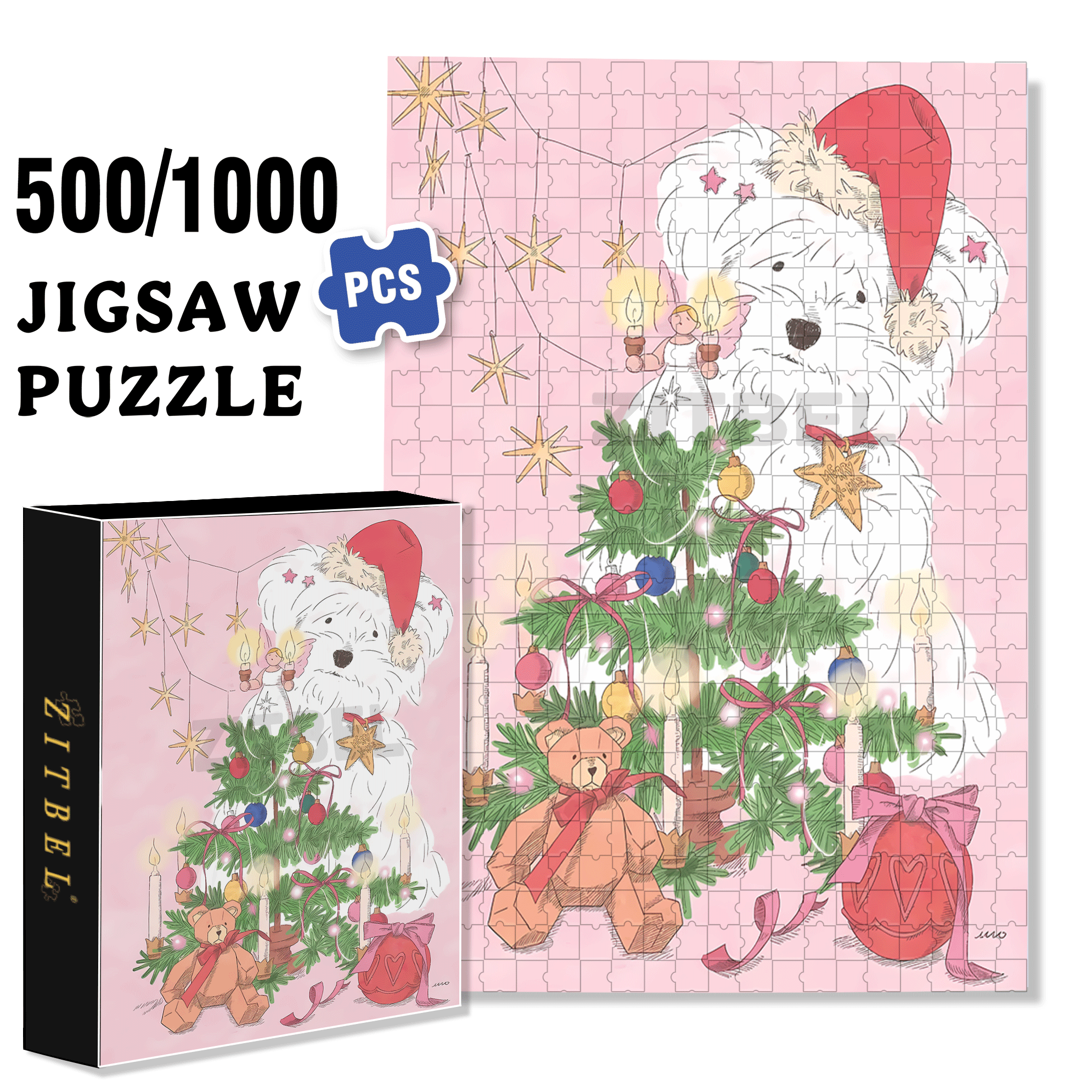 Pink Christmas 500pcs/1000pcs Jigsaw Puzzle, Scratch-Resistant, Interactive Family Game & Brain-Boosting DIY Decor, Perfect for Halloween, Christmas & New Year Gifts, Family Puzzle Game