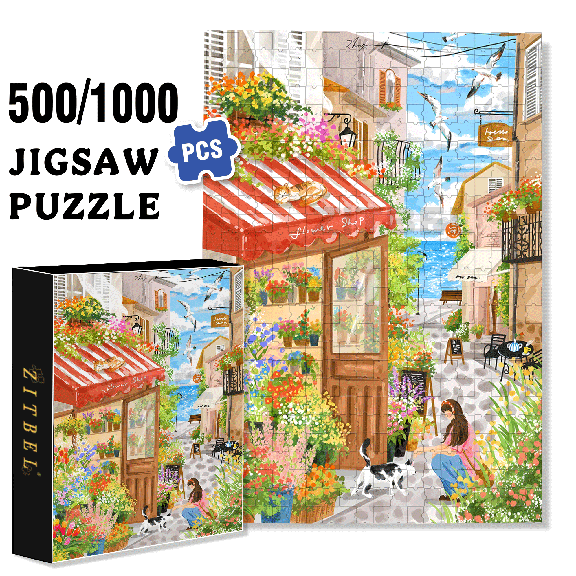 Romantic Seaside Town 500pcs/1000pcs Jigsaw Puzzle, Scratch-Resistant, Interactive Family Game & Brain-Boosting DIY Decor, Perfect for Halloween, Christmas & New Year Gifts, Family Puzzle Game