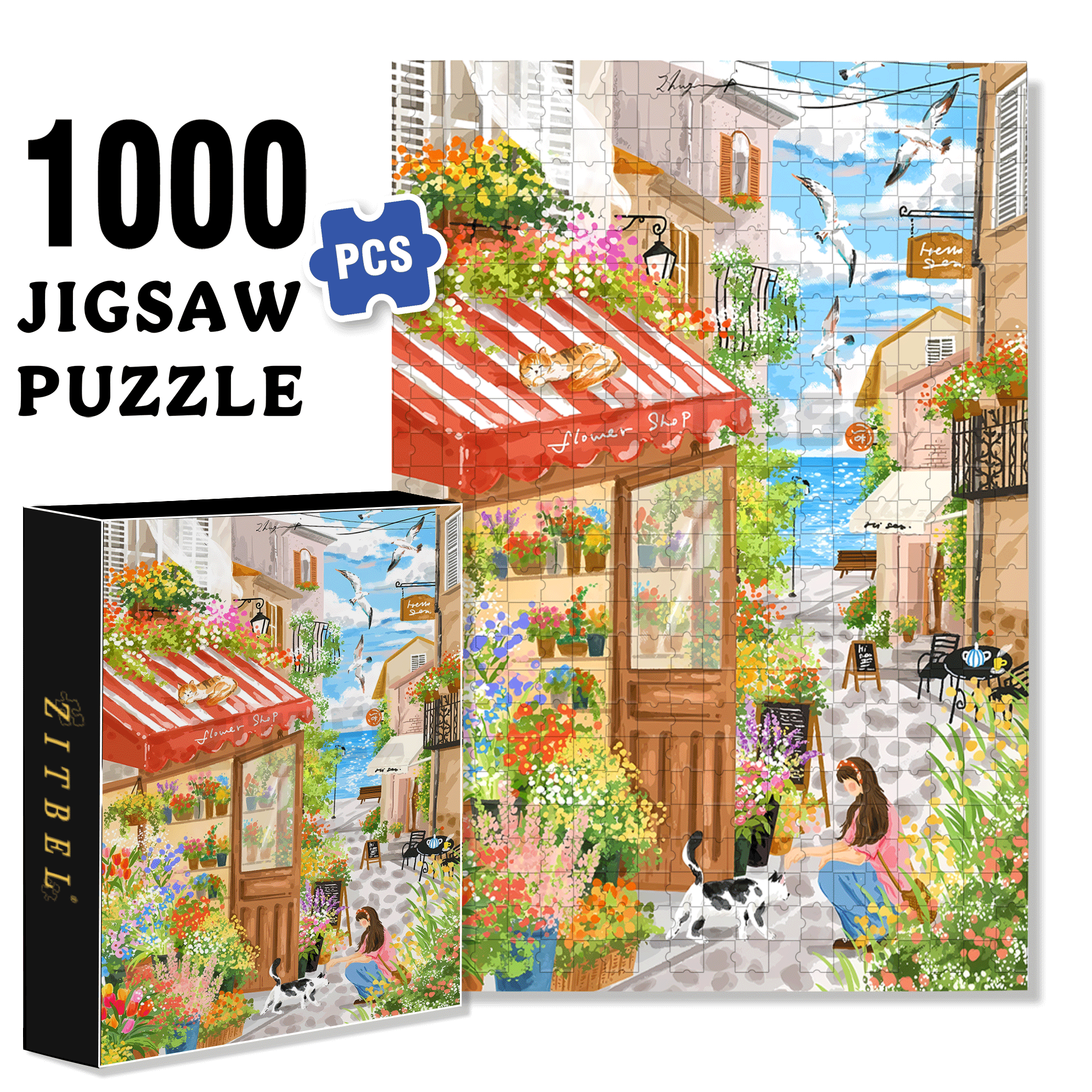 Romantic Seaside Town 500pcs/1000pcs Jigsaw Puzzle, Scratch-Resistant, Interactive Family Game & Brain-Boosting DIY Decor, Perfect for Halloween, Christmas & New Year Gifts, Family Puzzle Game