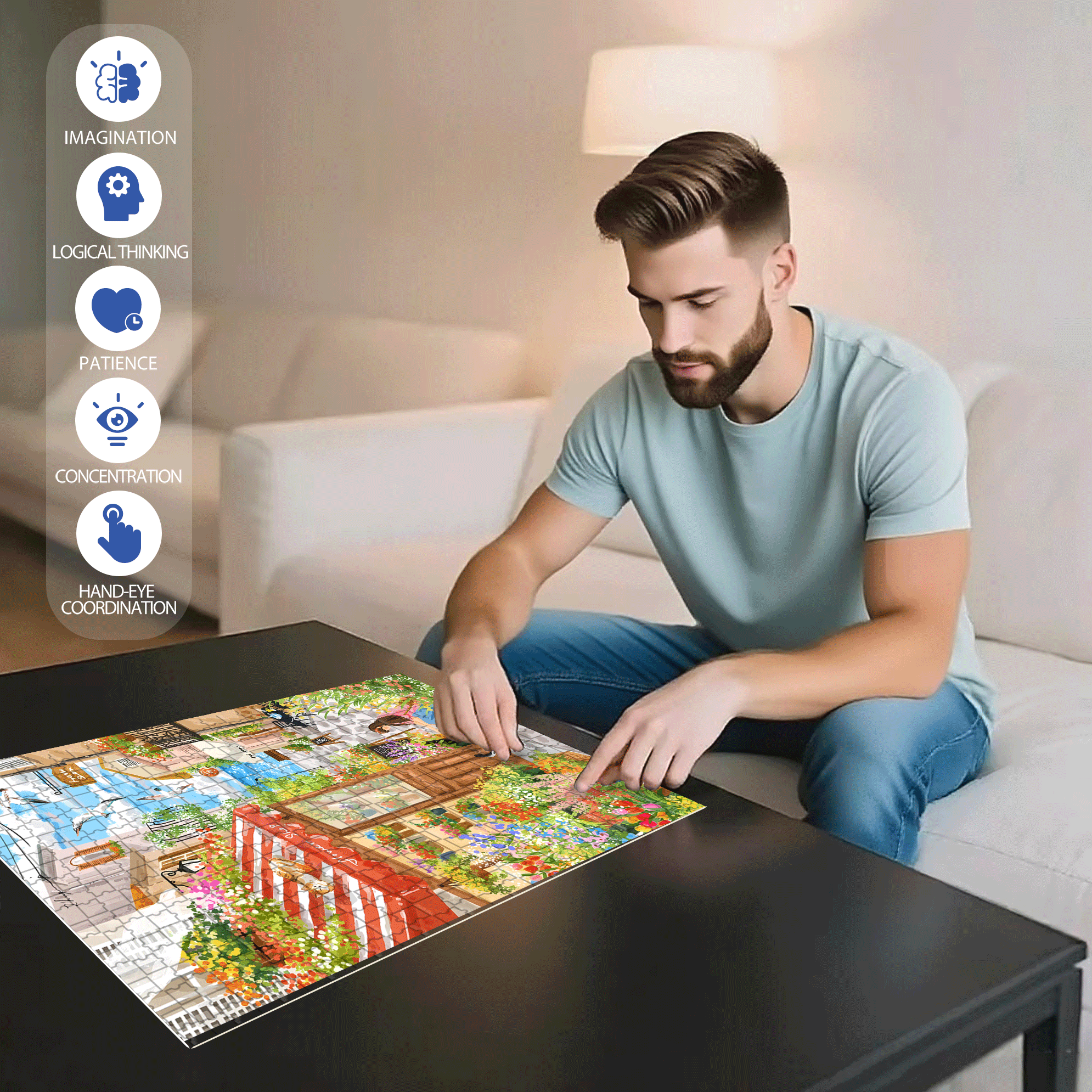 Romantic Seaside Town 500pcs/1000pcs Jigsaw Puzzle, Scratch-Resistant, Interactive Family Game & Brain-Boosting DIY Decor, Perfect for Halloween, Christmas & New Year Gifts, Family Puzzle Game