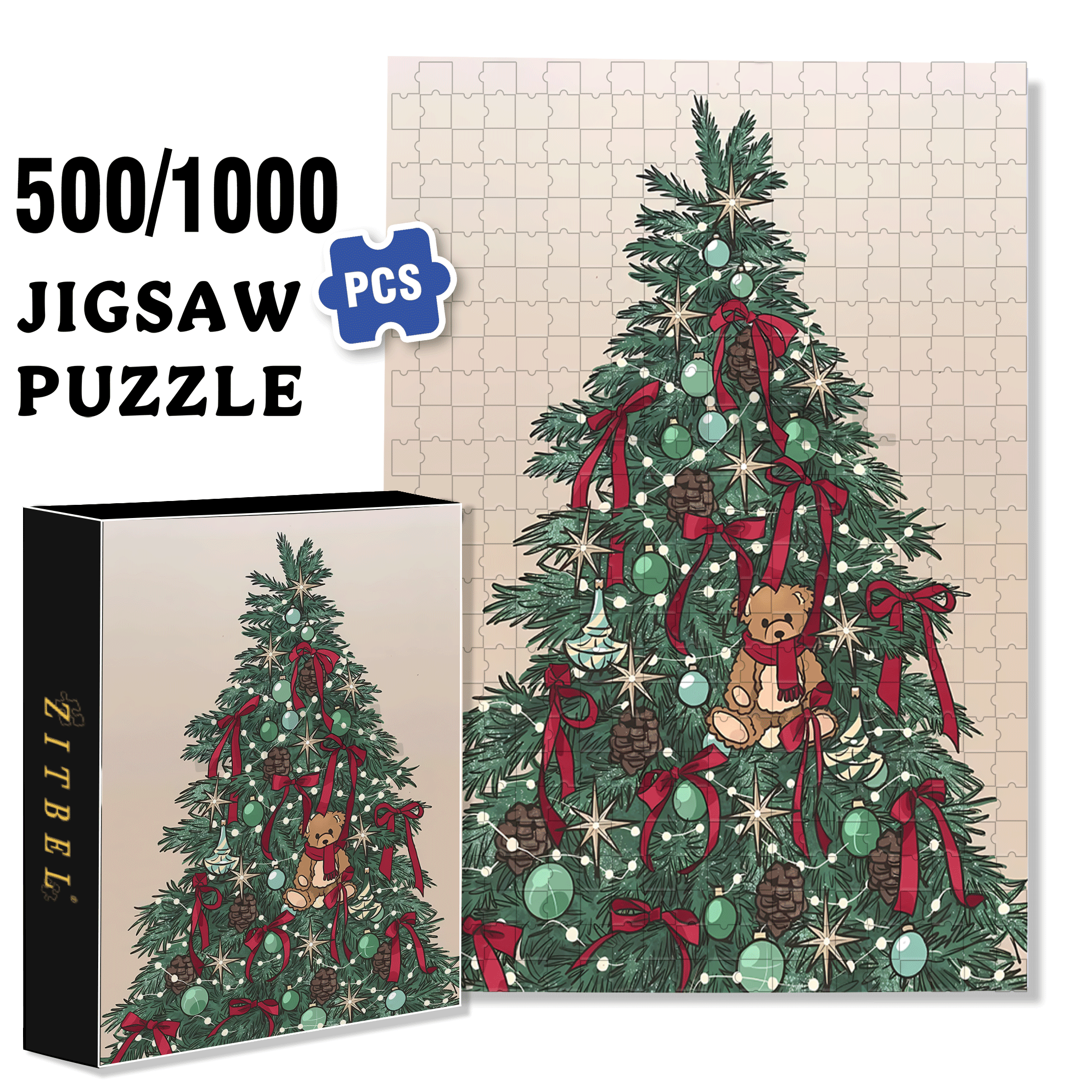 The Little Bear on the Christmas Tree 500pcs/1000pcs Jigsaw Puzzle, Scratch-Resistant, Interactive Family Game & Brain-Boosting DIY Decor, Perfect for Halloween, Christmas & New Year Gifts, Family Puzzle Game
