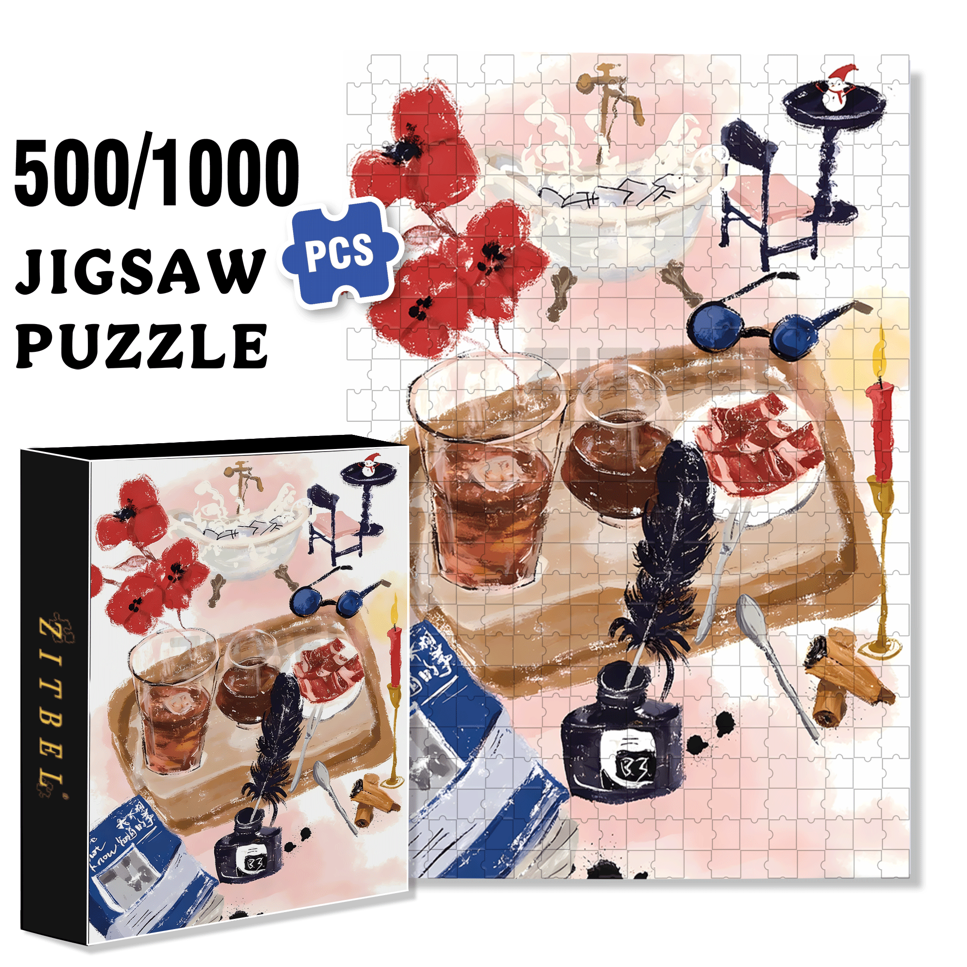 Afternoon Tea In The Bathroom 500pcs/1000pcs Jigsaw Puzzle, Scratch-Resistant, Interactive Family Game & Brain-Boosting DIY Decor, Perfect for Halloween, Christmas & New Year Gifts, Family Puzzle Game