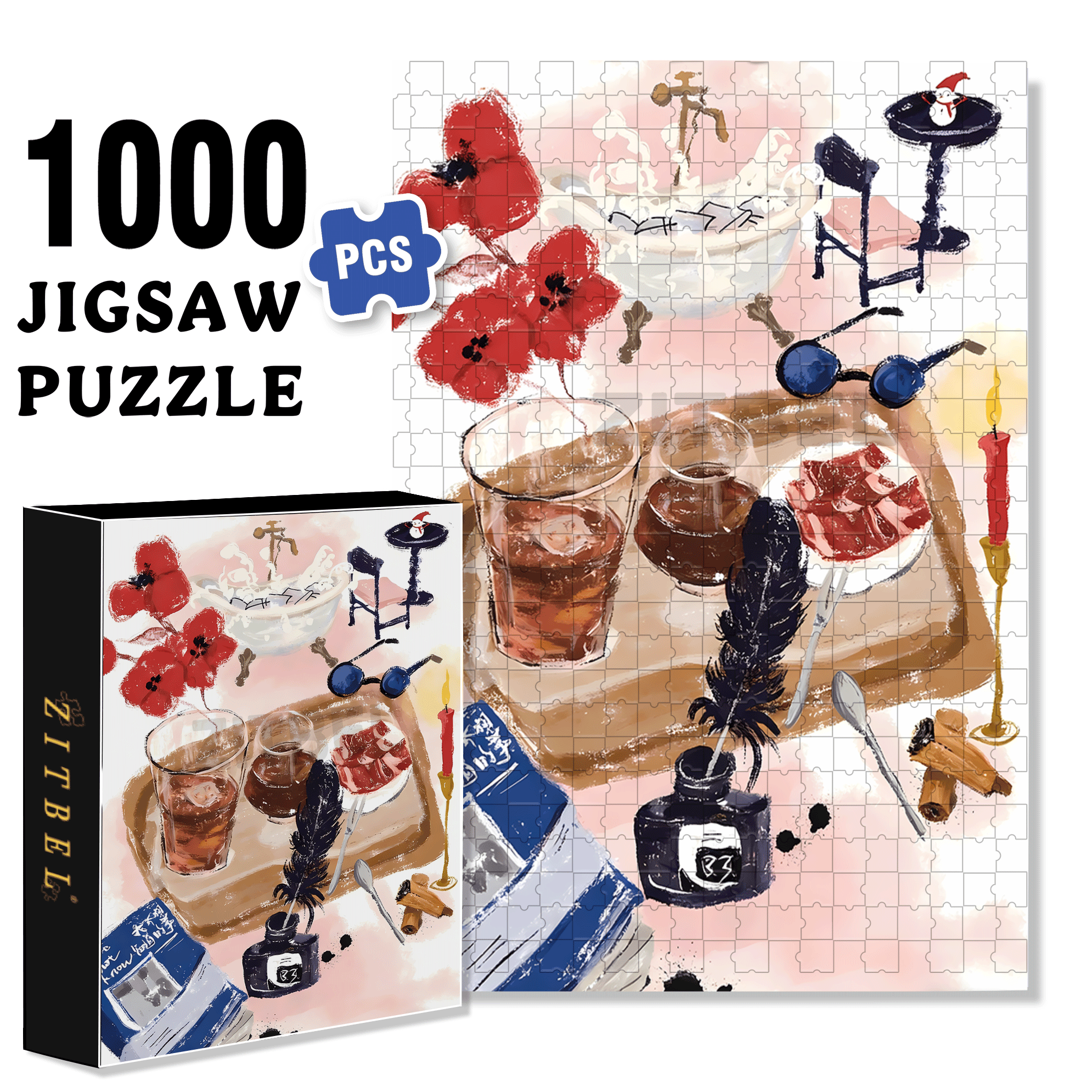 Afternoon Tea In The Bathroom 500pcs/1000pcs Jigsaw Puzzle, Scratch-Resistant, Interactive Family Game & Brain-Boosting DIY Decor, Perfect for Halloween, Christmas & New Year Gifts, Family Puzzle Game