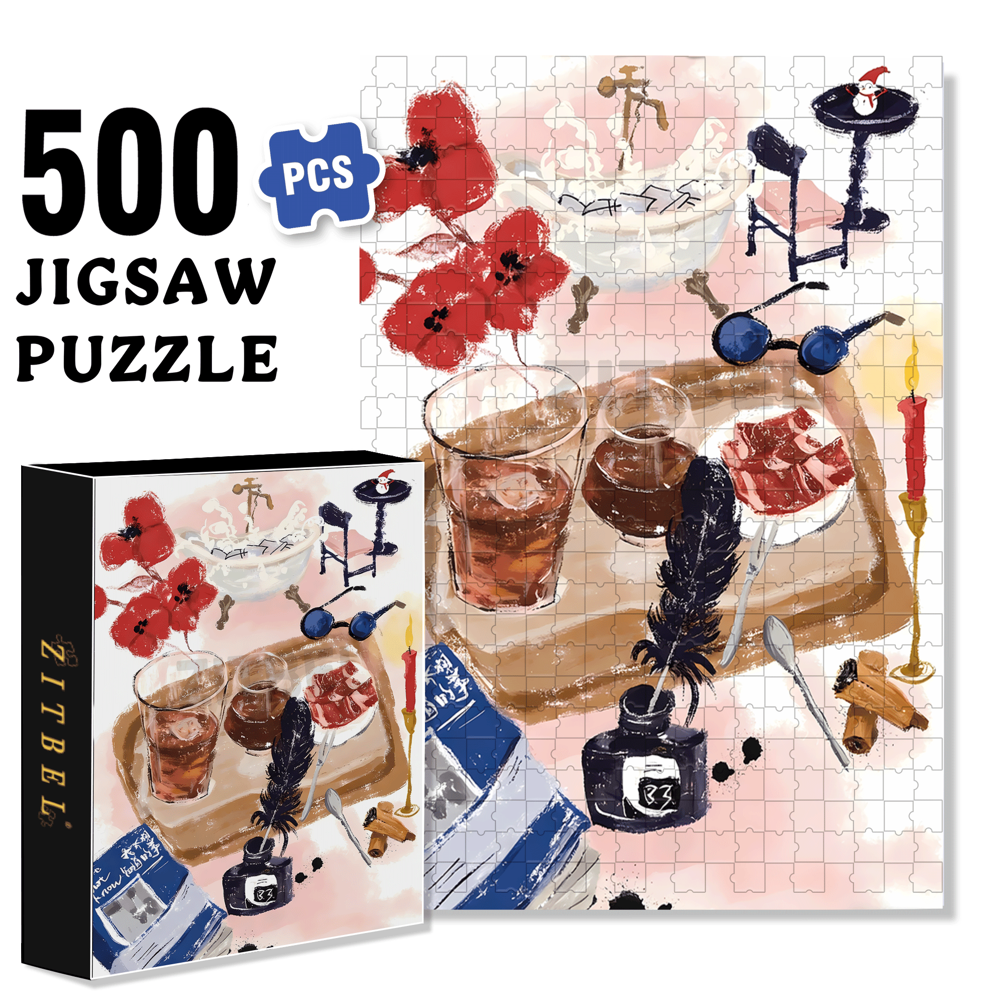 Afternoon Tea In The Bathroom 500pcs/1000pcs Jigsaw Puzzle, Scratch-Resistant, Interactive Family Game & Brain-Boosting DIY Decor, Perfect for Halloween, Christmas & New Year Gifts, Family Puzzle Game