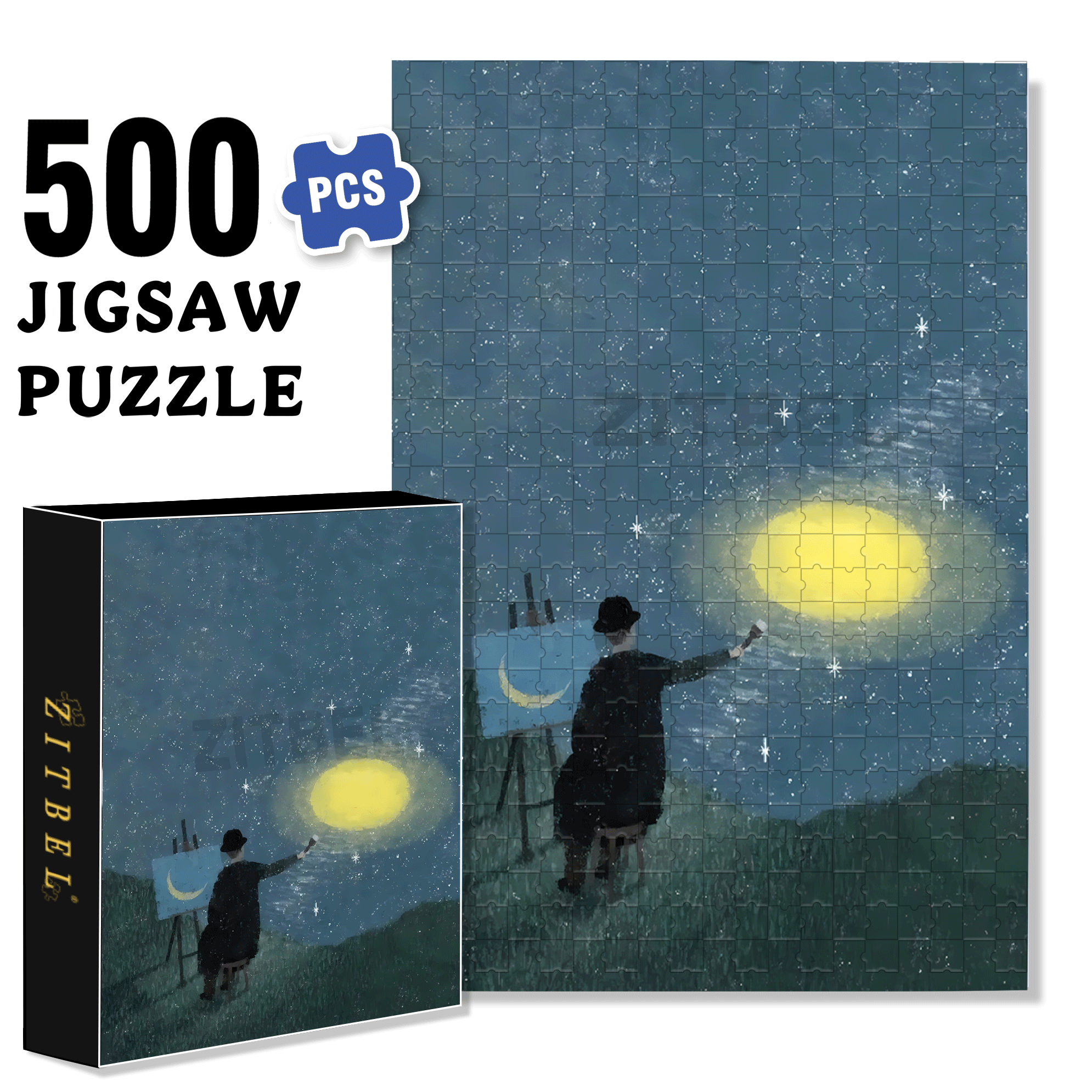 Draw A Moon 500pcs/1000pcs Jigsaw Puzzle, Scratch-Resistant, Interactive Family Game & Brain-Boosting DIY Decor, Perfect for Halloween, Christmas & New Year Gifts, Family Puzzle Game