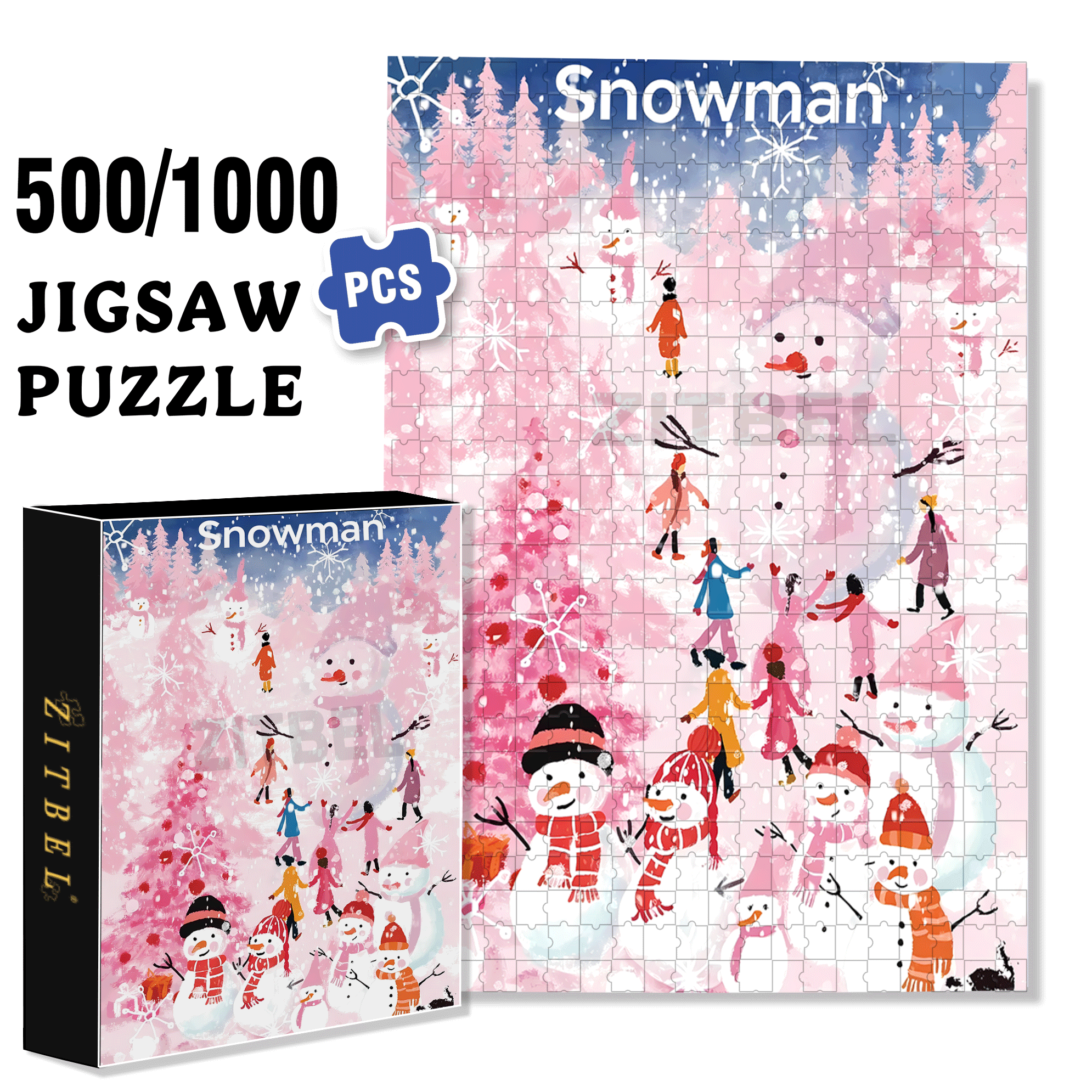 Pink Snowman 500pcs/1000pcs Jigsaw Puzzle, Scratch-Resistant, Interactive Family Game & Brain-Boosting DIY Decor, Perfect for Halloween, Christmas & New Year Gifts, Family Puzzle Game