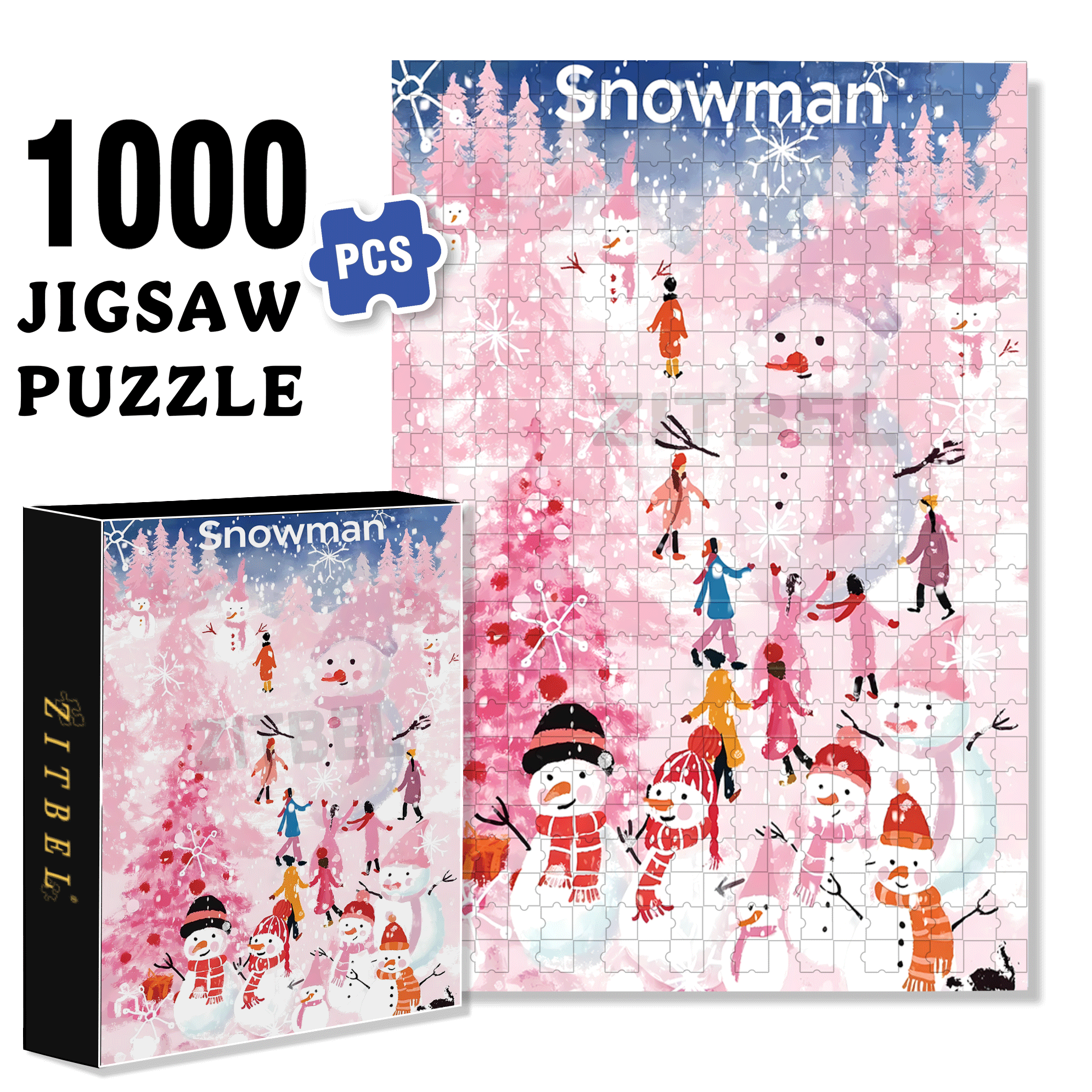 Pink Snowman 500pcs/1000pcs Jigsaw Puzzle, Scratch-Resistant, Interactive Family Game & Brain-Boosting DIY Decor, Perfect for Halloween, Christmas & New Year Gifts, Family Puzzle Game
