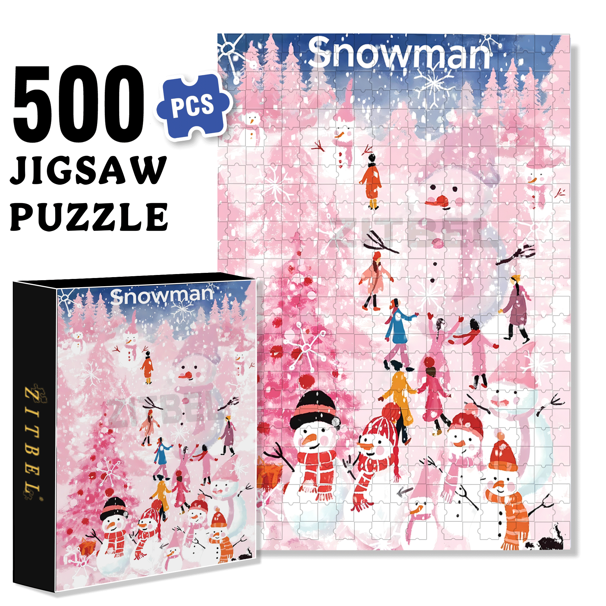 Pink Snowman 500pcs/1000pcs Jigsaw Puzzle, Scratch-Resistant, Interactive Family Game & Brain-Boosting DIY Decor, Perfect for Halloween, Christmas & New Year Gifts, Family Puzzle Game