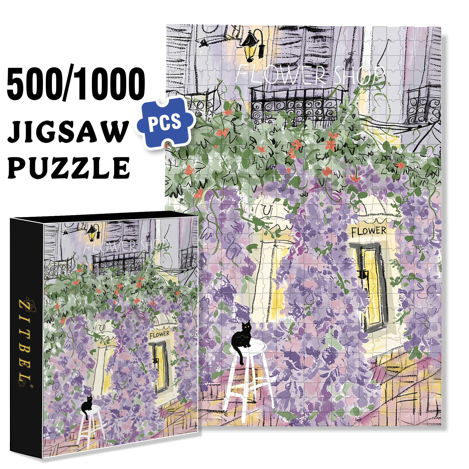 Purple Street Corner Flower Shop 500pcs/1000pcs Jigsaw Puzzle, Scratch-Resistant, Interactive Family Game & Brain-Boosting DIY Decor, Perfect for Halloween, Christmas & New Year Gifts, Family Puzzle Game