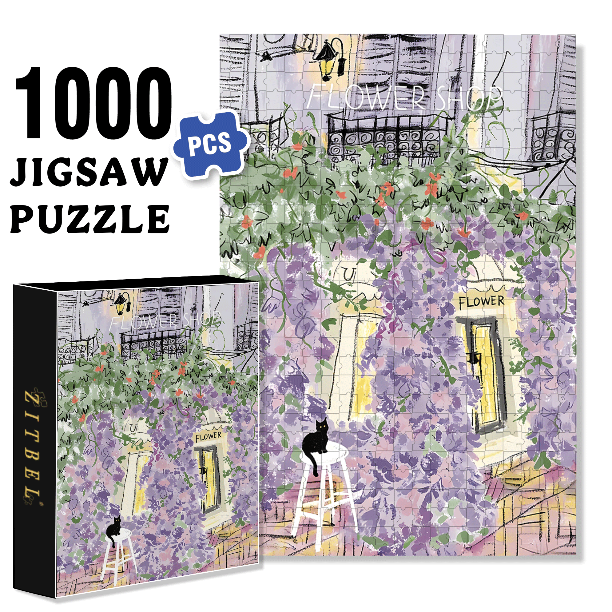 Purple Street Corner Flower Shop 500pcs/1000pcs Jigsaw Puzzle, Scratch-Resistant, Interactive Family Game & Brain-Boosting DIY Decor, Perfect for Halloween, Christmas & New Year Gifts, Family Puzzle Game
