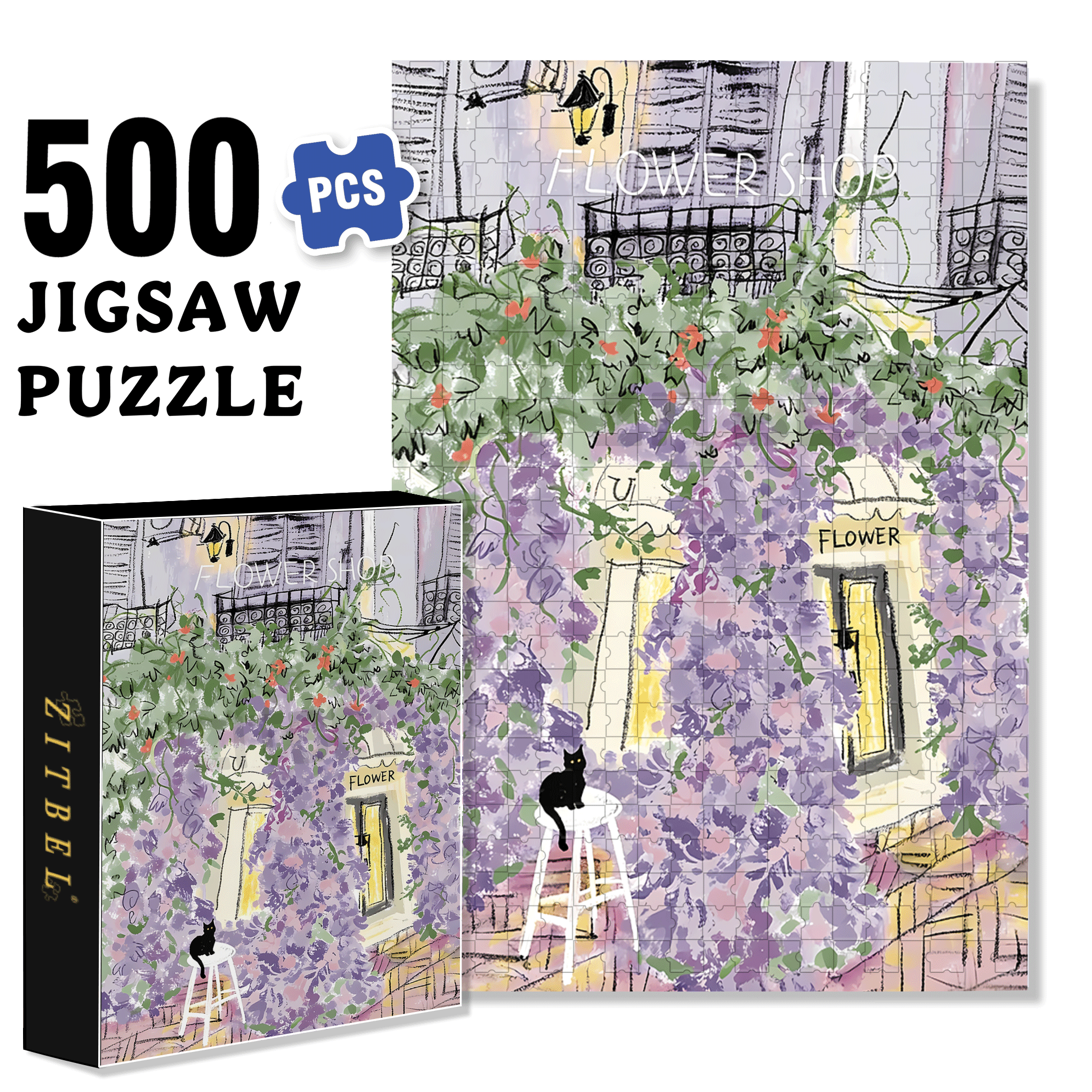 Purple Street Corner Flower Shop 500pcs/1000pcs Jigsaw Puzzle, Scratch-Resistant, Interactive Family Game & Brain-Boosting DIY Decor, Perfect for Halloween, Christmas & New Year Gifts, Family Puzzle Game