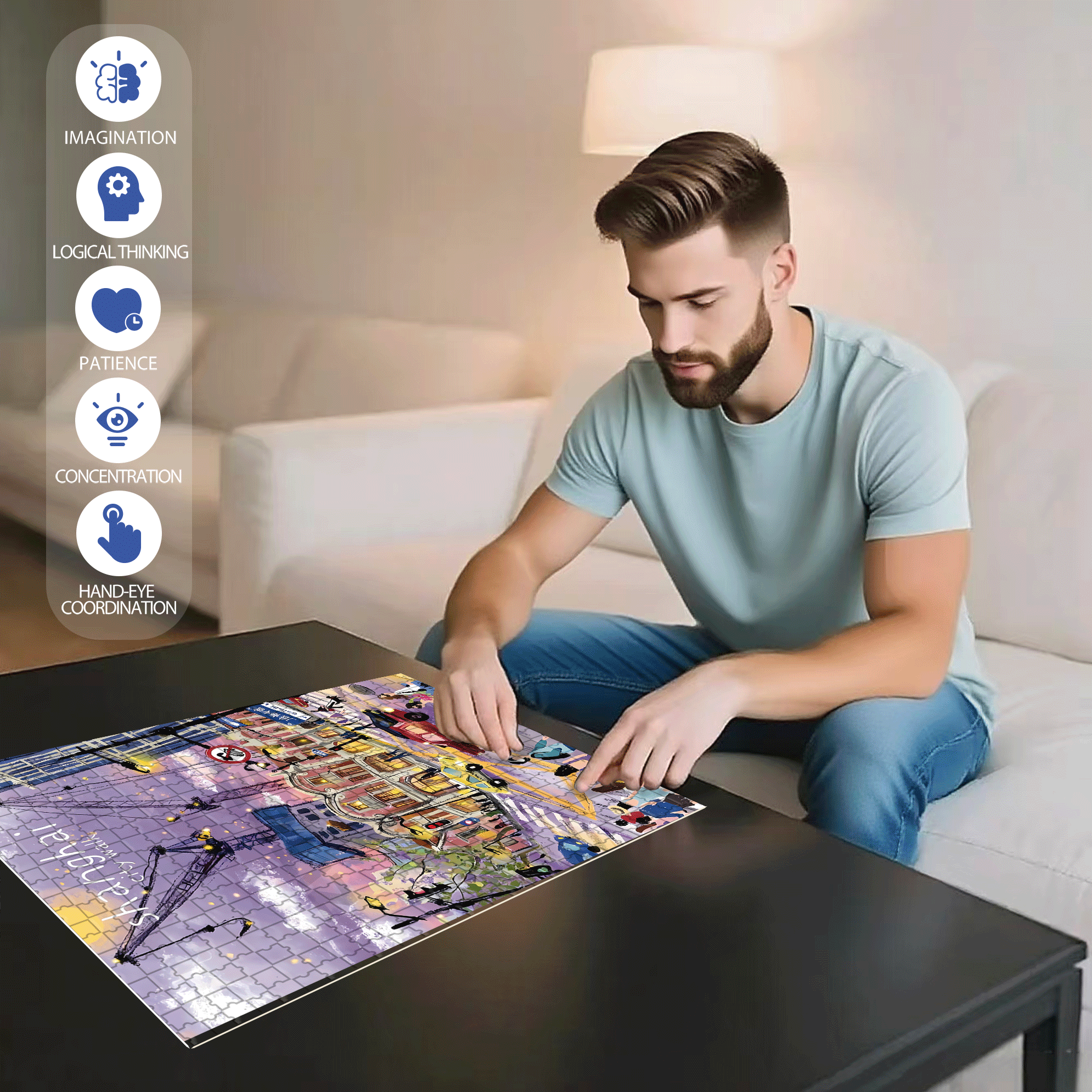 ShangHai City Walk 500pcs/1000pcs Jigsaw Puzzle, Scratch-Resistant, Interactive Family Game & Brain-Boosting DIY Decor, Perfect for Halloween, Christmas & New Year Gifts, Family Puzzle Game