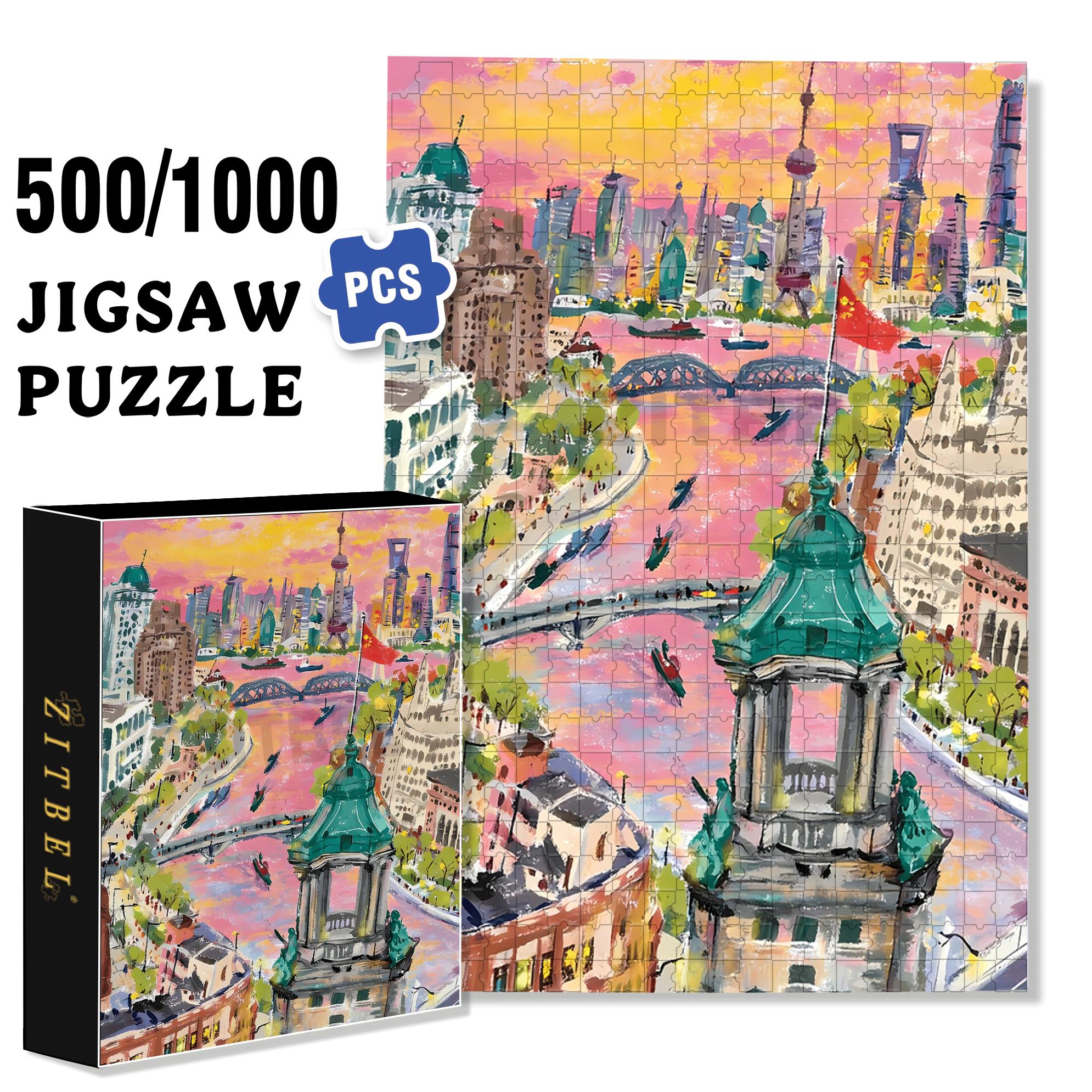 Shanghai Sunset 500pcs/1000pcs Jigsaw Puzzle, Scratch-Resistant, Interactive Family Game & Brain-Boosting DIY Decor, Perfect for Halloween, Christmas & New Year Gifts, Family Puzzle Game