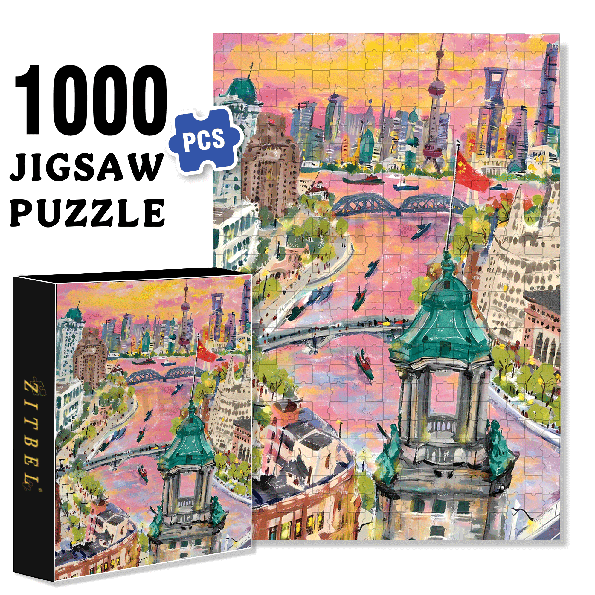 Shanghai Sunset 500pcs/1000pcs Jigsaw Puzzle, Scratch-Resistant, Interactive Family Game & Brain-Boosting DIY Decor, Perfect for Halloween, Christmas & New Year Gifts, Family Puzzle Game
