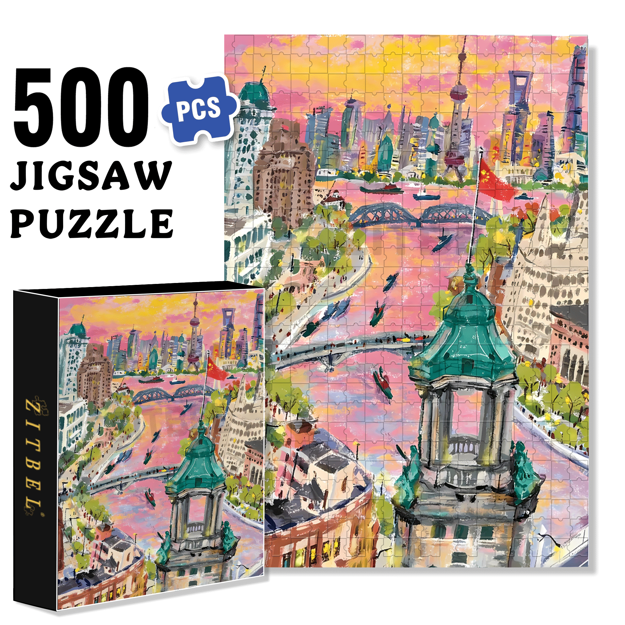 Shanghai Sunset 500pcs/1000pcs Jigsaw Puzzle, Scratch-Resistant, Interactive Family Game & Brain-Boosting DIY Decor, Perfect for Halloween, Christmas & New Year Gifts, Family Puzzle Game
