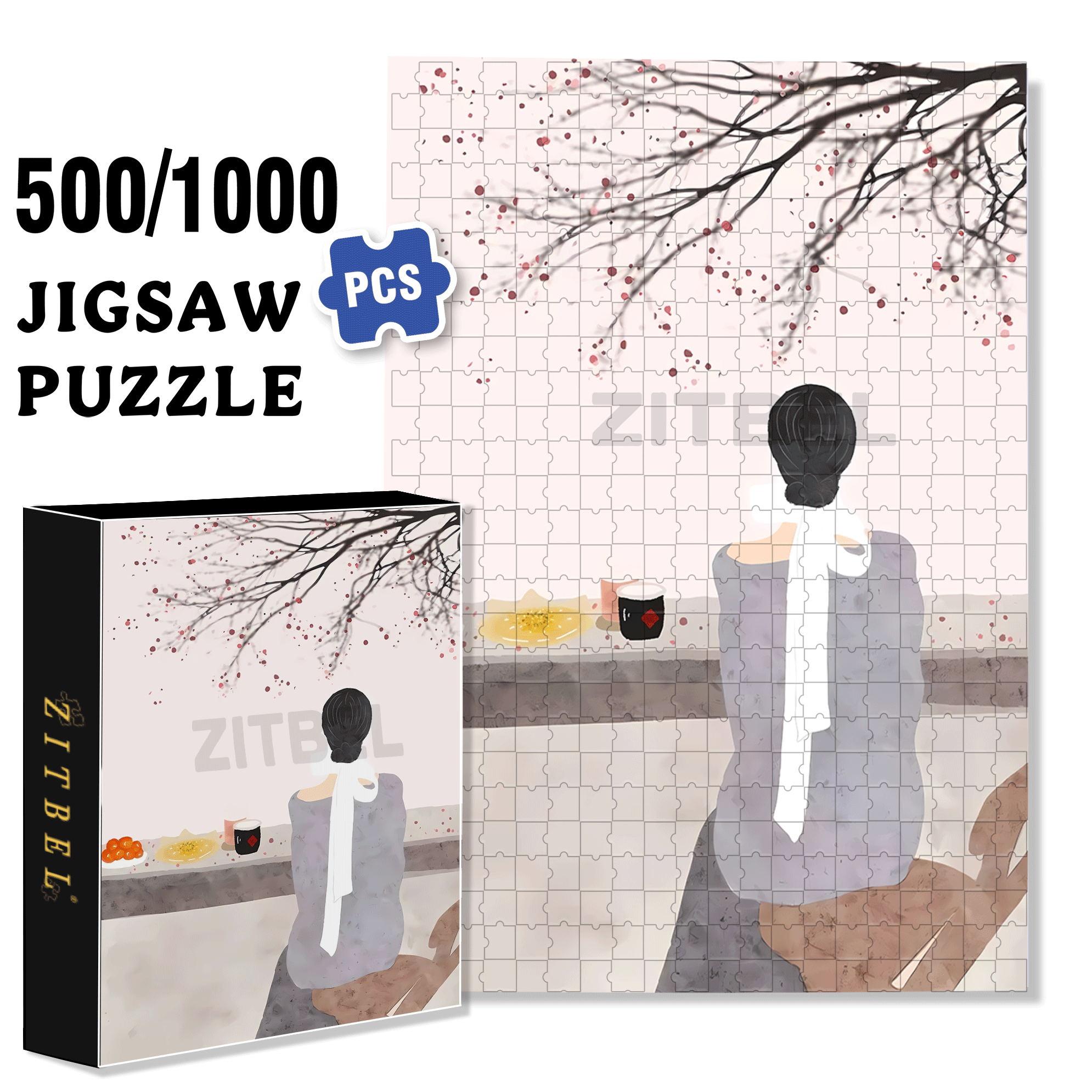 Appreciating Plum Afternoon Tea 500pcs/1000pcs Jigsaw Puzzle, Scratch-Resistant, Interactive Family Game & Brain-Boosting DIY Decor, Perfect for Halloween, Christmas & New Year Gifts, Family Puzzle Game