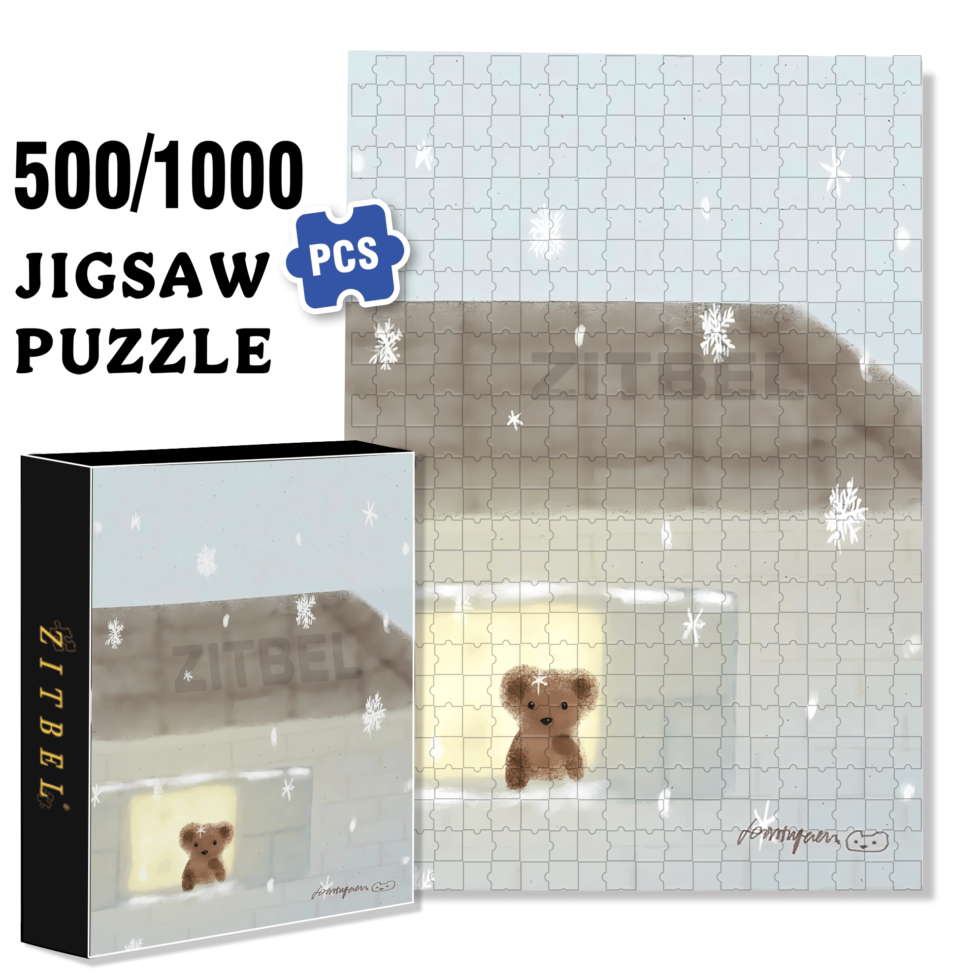 Little Bear Christmas 500pcs/1000pcs Jigsaw Puzzle, Scratch-Resistant, Interactive Family Game & Brain-Boosting DIY Decor, Perfect for Halloween, Christmas & New Year Gifts, Family Puzzle Game