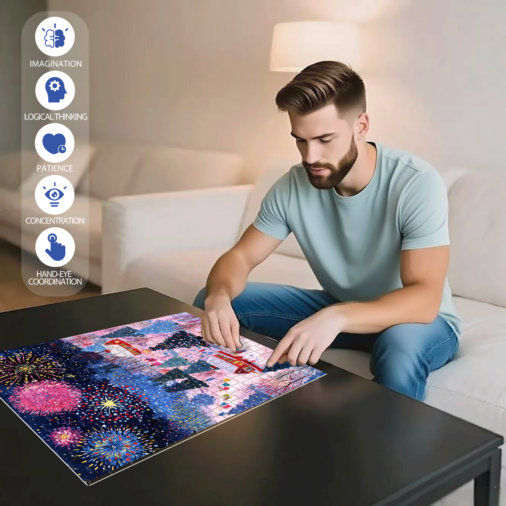 New Year's Eve Fireworks Night 500pcs/1000pcs Jigsaw Puzzle, Scratch-Resistant, Interactive Family Game & Brain-Boosting DIY Decor, Perfect for Halloween, Christmas & New Year Gifts, Family Puzzle Game