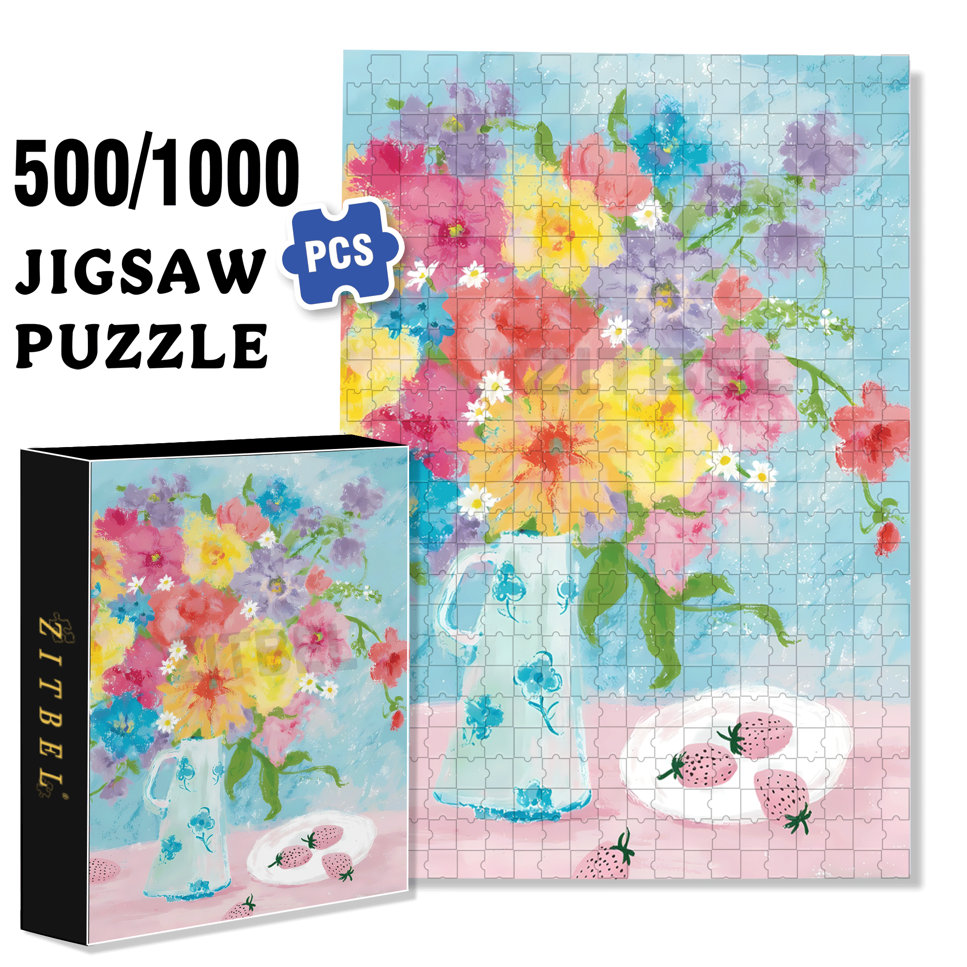 Pink Strawberries And Flowers 500pcs/1000pcs Jigsaw Puzzle, Scratch-Resistant, Interactive Family Game & Brain-Boosting DIY Decor, Perfect for Halloween, Christmas & New Year Gifts, Family Puzzle Game