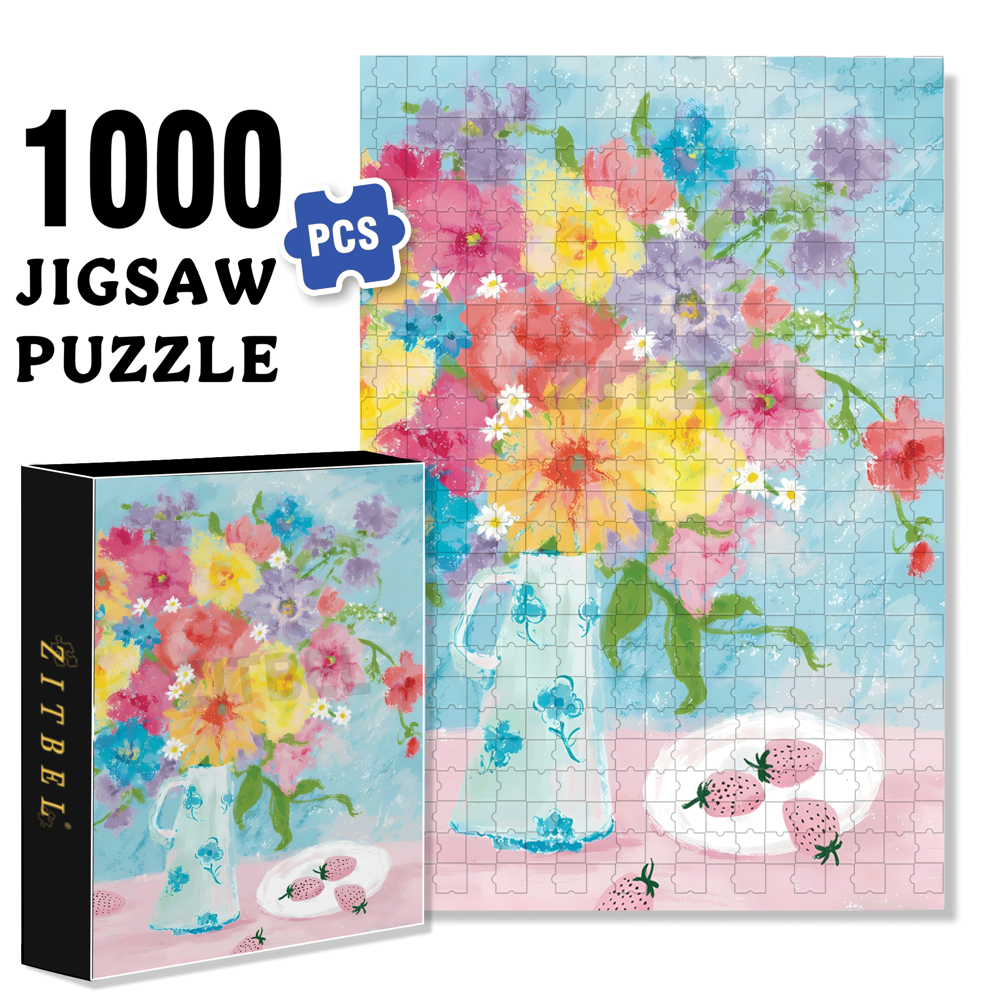 Pink Strawberries And Flowers 500pcs/1000pcs Jigsaw Puzzle, Scratch-Resistant, Interactive Family Game & Brain-Boosting DIY Decor, Perfect for Halloween, Christmas & New Year Gifts, Family Puzzle Game