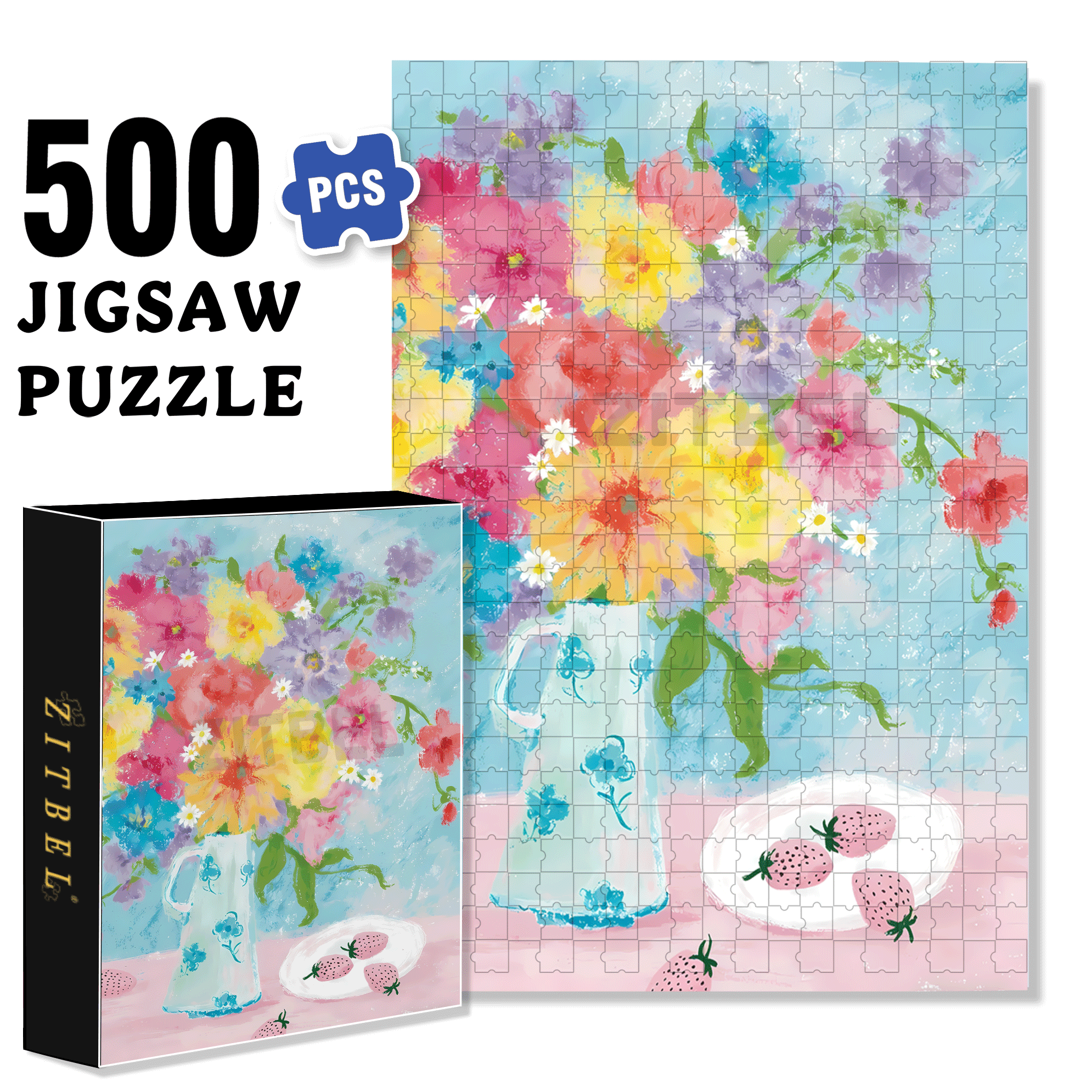 Pink Strawberries And Flowers 500pcs/1000pcs Jigsaw Puzzle, Scratch-Resistant, Interactive Family Game & Brain-Boosting DIY Decor, Perfect for Halloween, Christmas & New Year Gifts, Family Puzzle Game