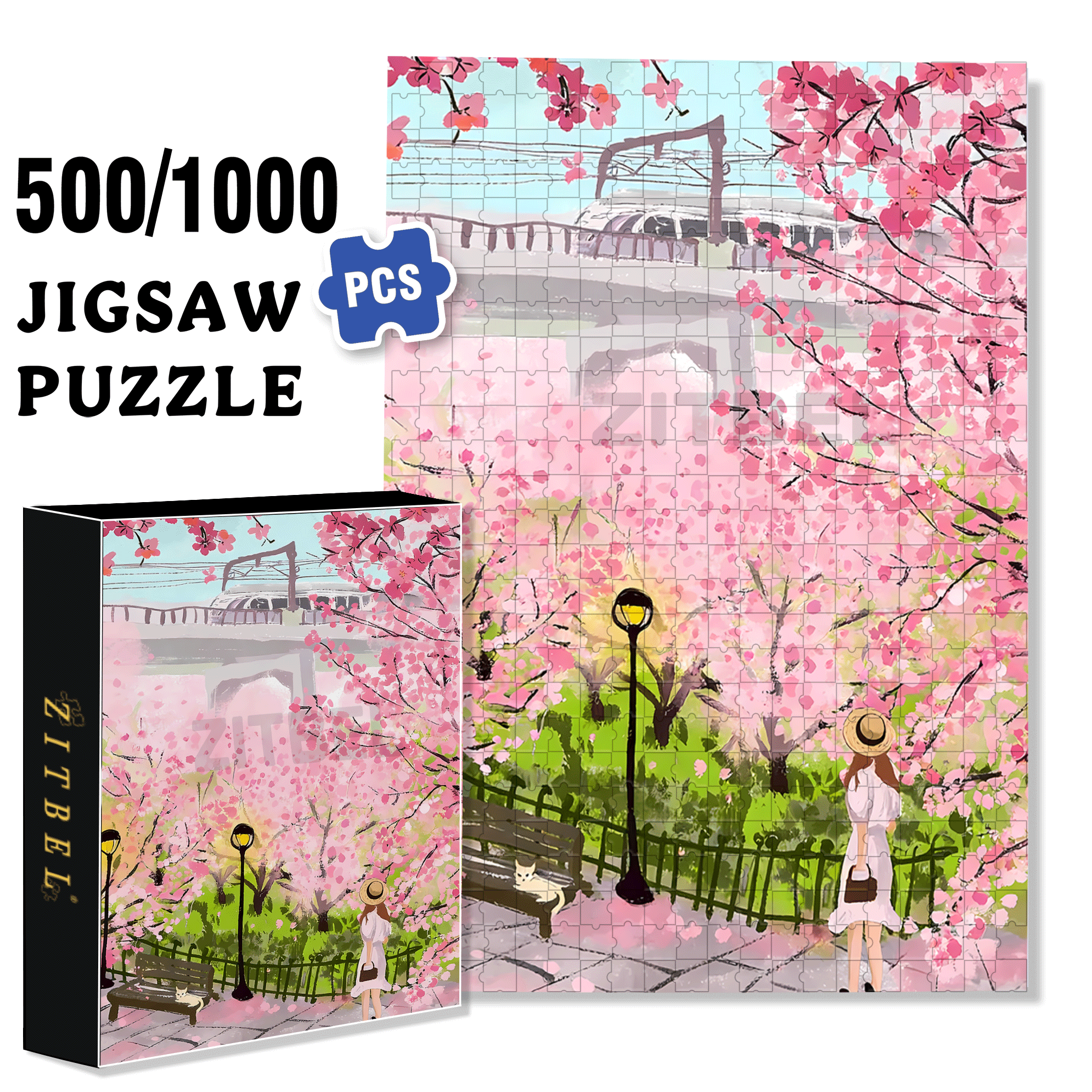 Romantic Cherry Blossom Season 2 500pcs/1000pcs Jigsaw Puzzle, Scratch-Resistant, Interactive Family Game & Brain-Boosting DIY Decor, Perfect for Halloween, Christmas & New Year Gifts, Family Puzzle Game