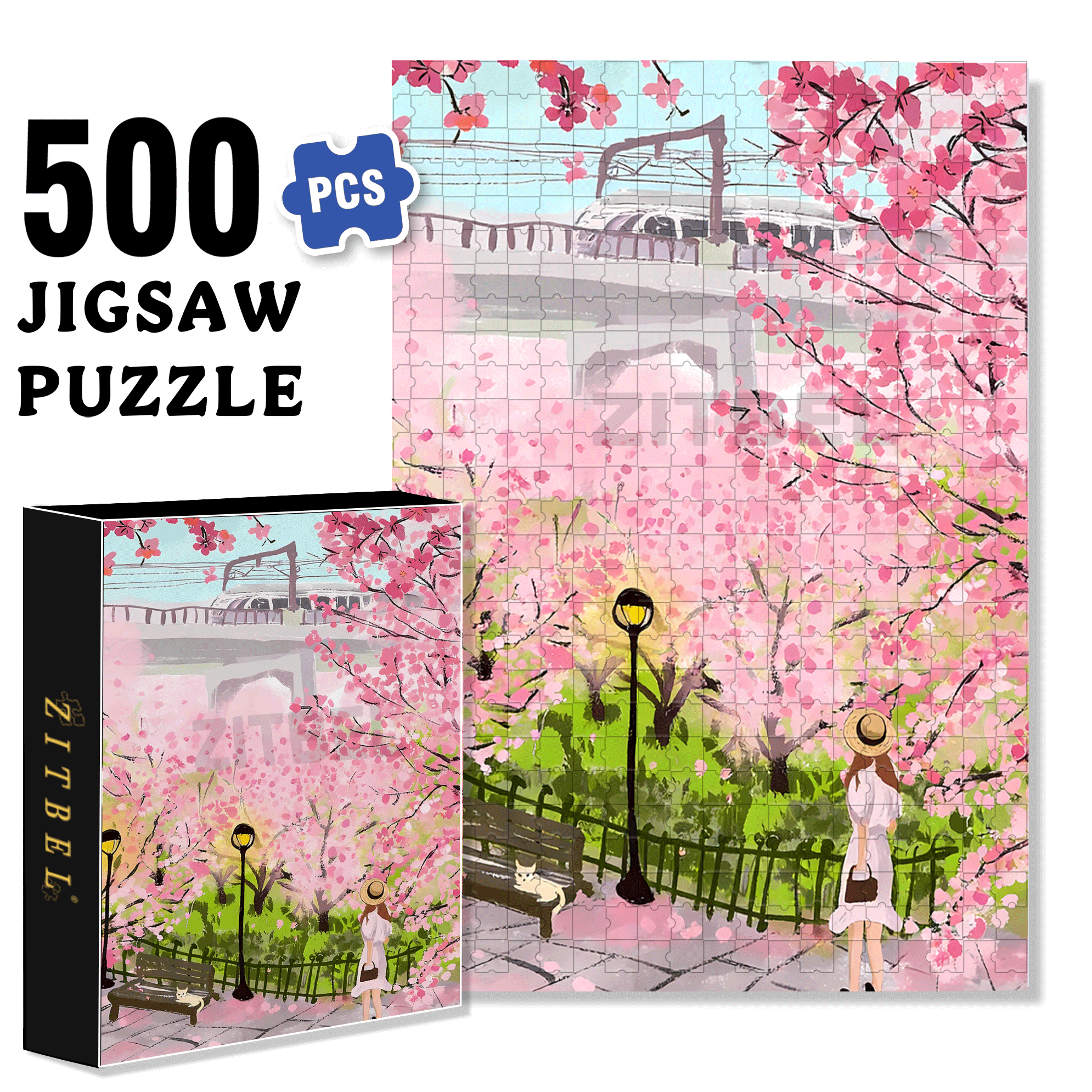 Romantic Cherry Blossom Season 2 500pcs/1000pcs Jigsaw Puzzle, Scratch-Resistant, Interactive Family Game & Brain-Boosting DIY Decor, Perfect for Halloween, Christmas & New Year Gifts, Family Puzzle Game