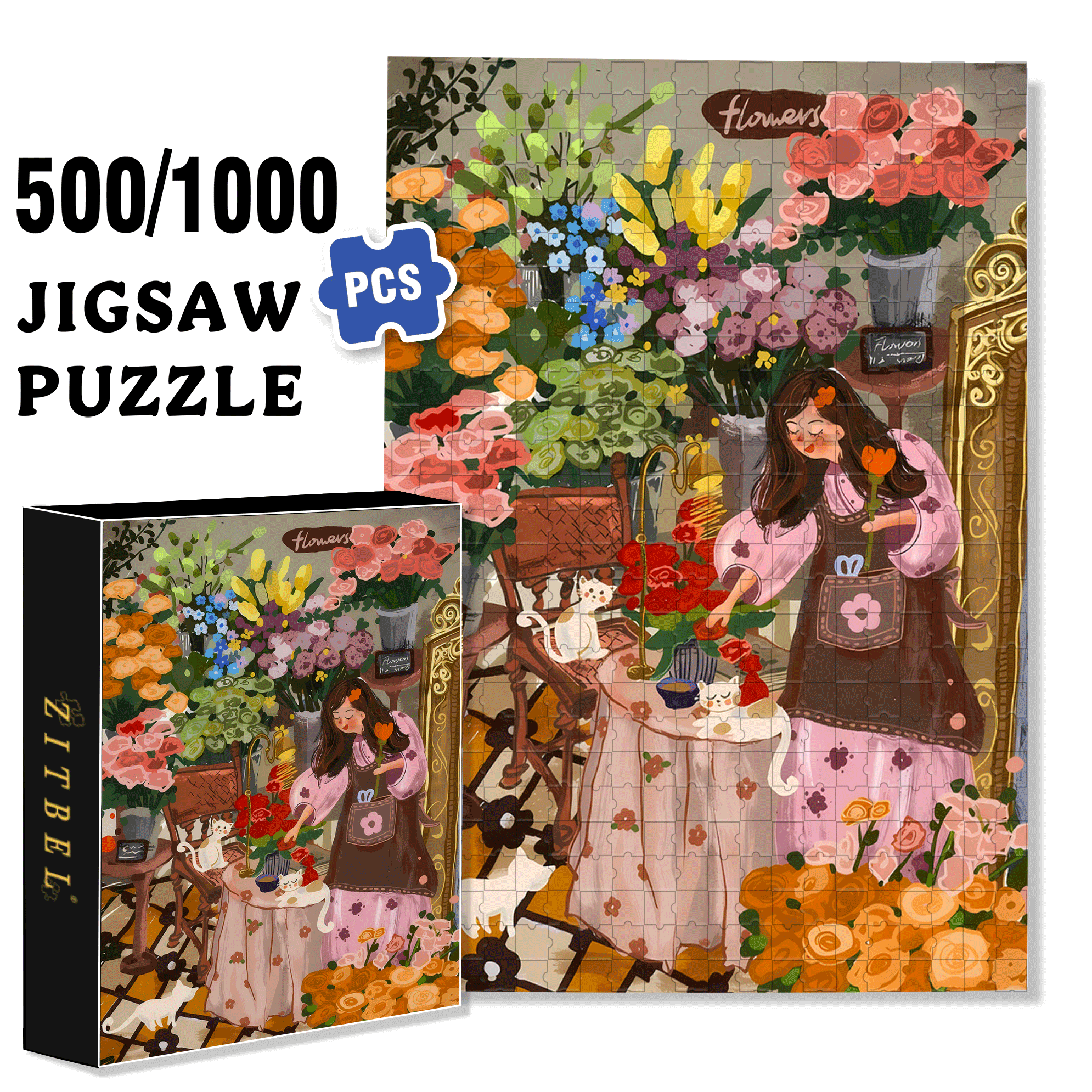 Sparkling Flowers 2 500pcs/1000pcs Jigsaw Puzzle, Scratch-Resistant, Interactive Family Game & Brain-Boosting DIY Decor, Perfect for Halloween, Christmas & New Year Gifts, Family Puzzle Game